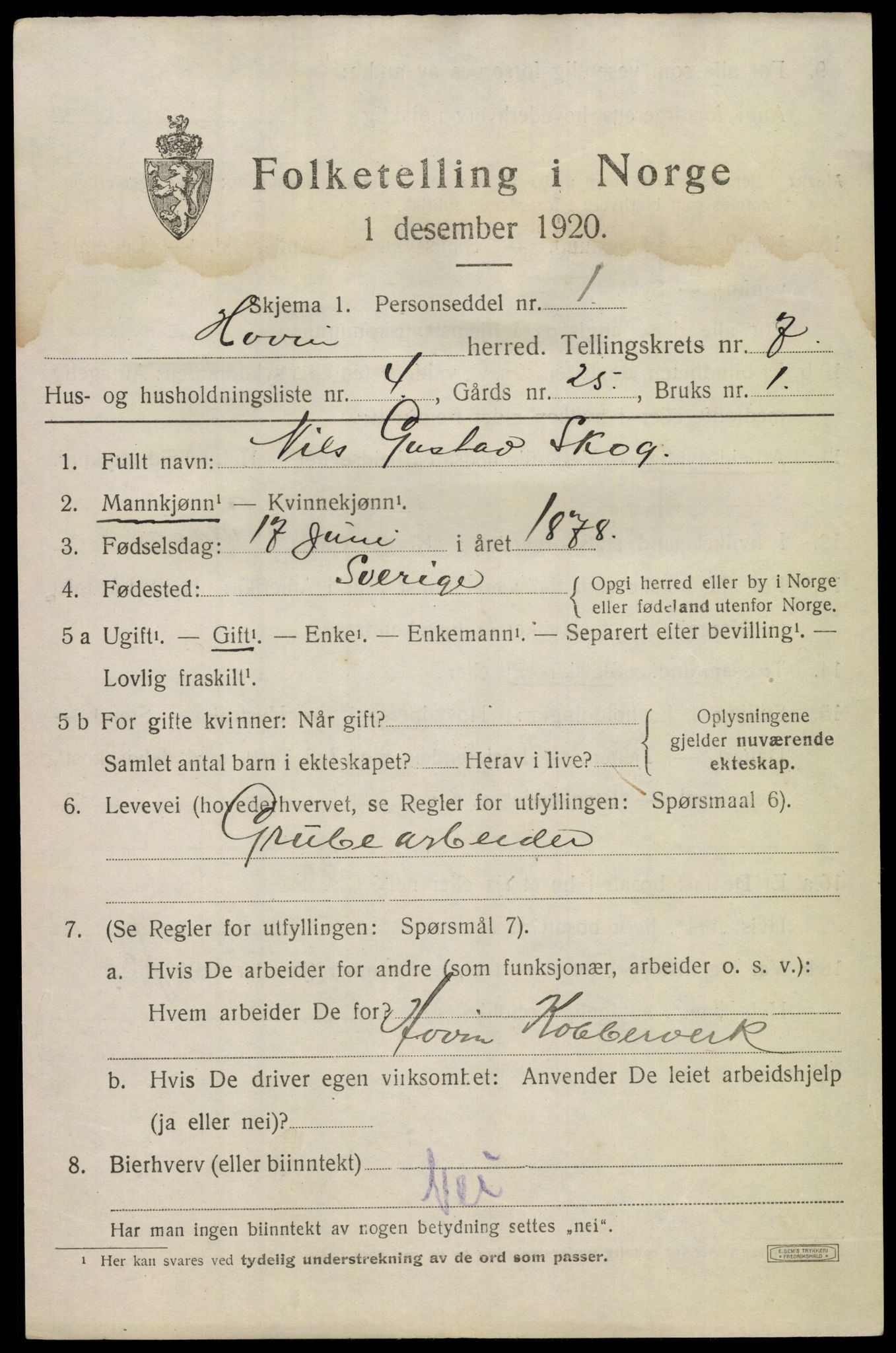 SAKO, 1920 census for Hovin, 1920, p. 1729