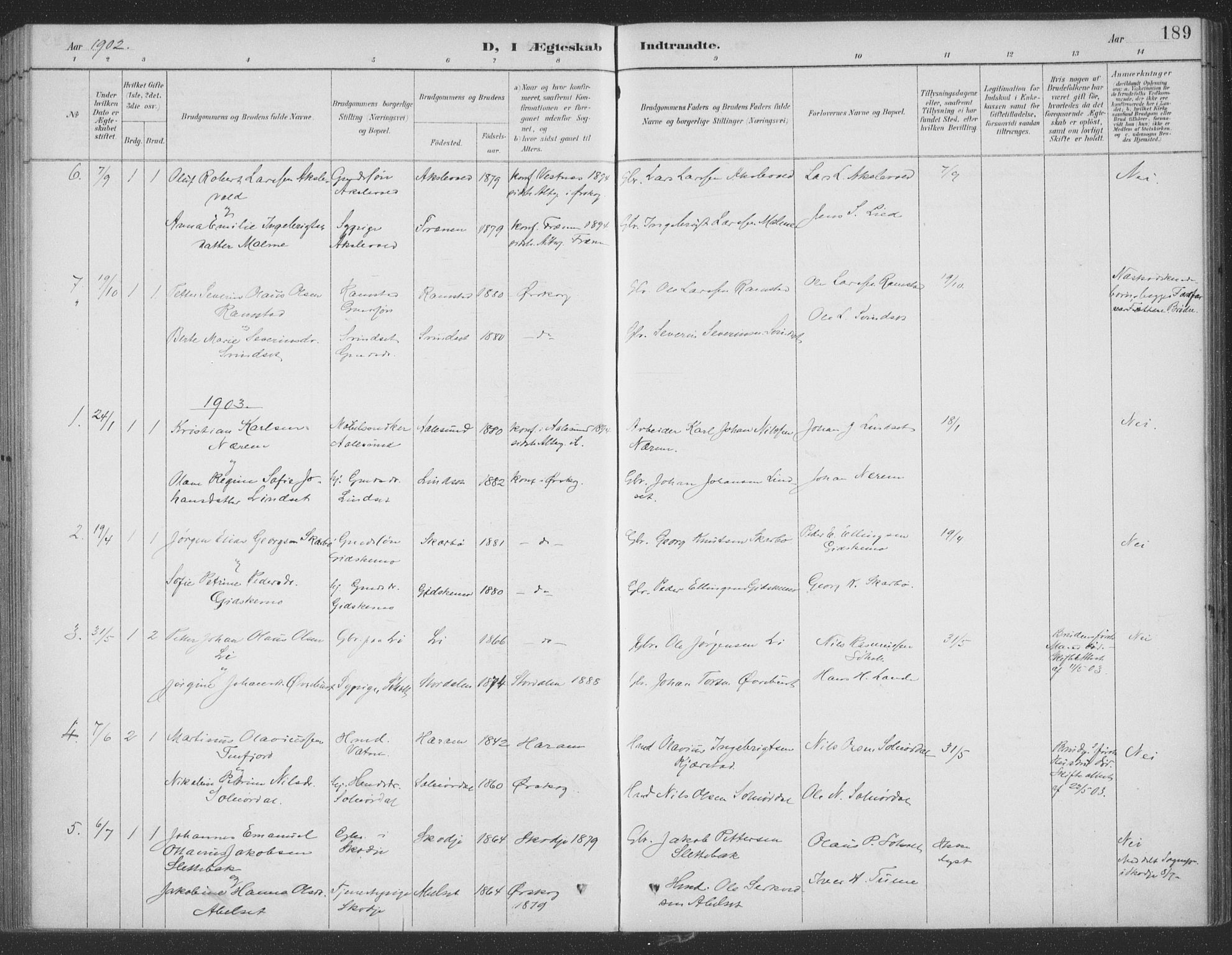 Ministerialprotokoller, klokkerbøker og fødselsregistre - Møre og Romsdal, SAT/A-1454/522/L0316: Parish register (official) no. 522A11, 1890-1911, p. 189