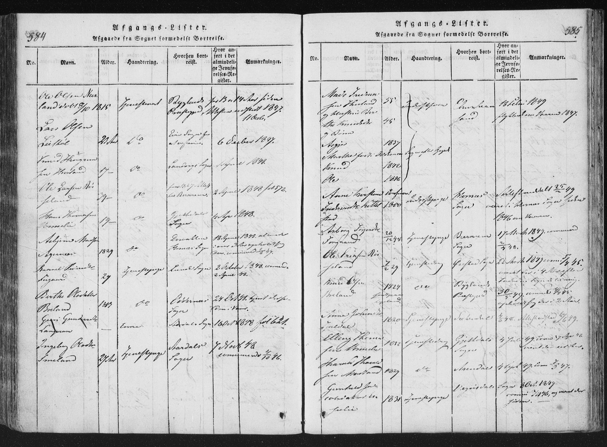 Åseral sokneprestkontor, SAK/1111-0051/F/Fa/L0001: Parish register (official) no. A 1, 1815-1853, p. 584-585