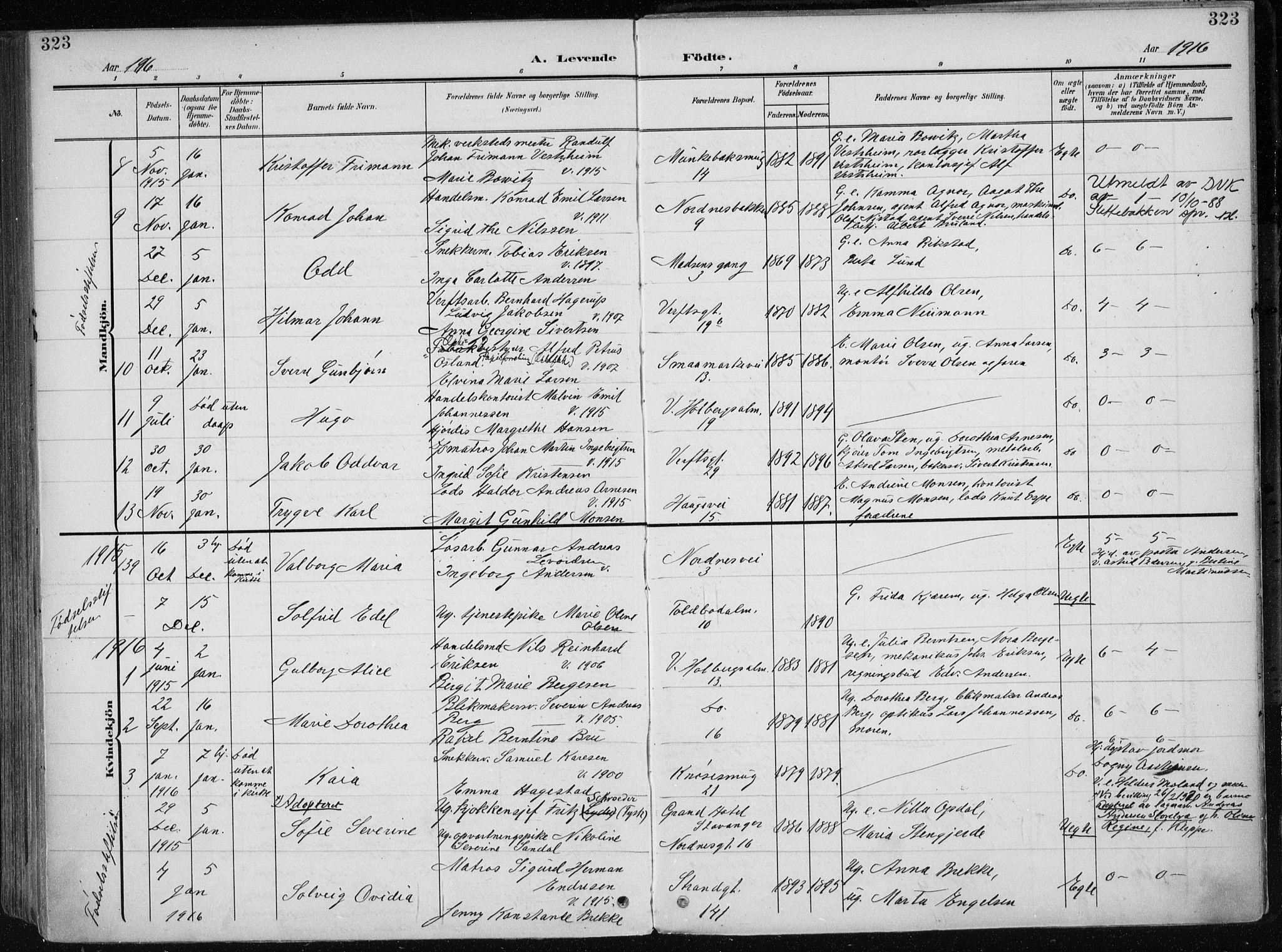 Nykirken Sokneprestembete, AV/SAB-A-77101/H/Haa/L0019: Parish register (official) no. B 7, 1904-1916, p. 323