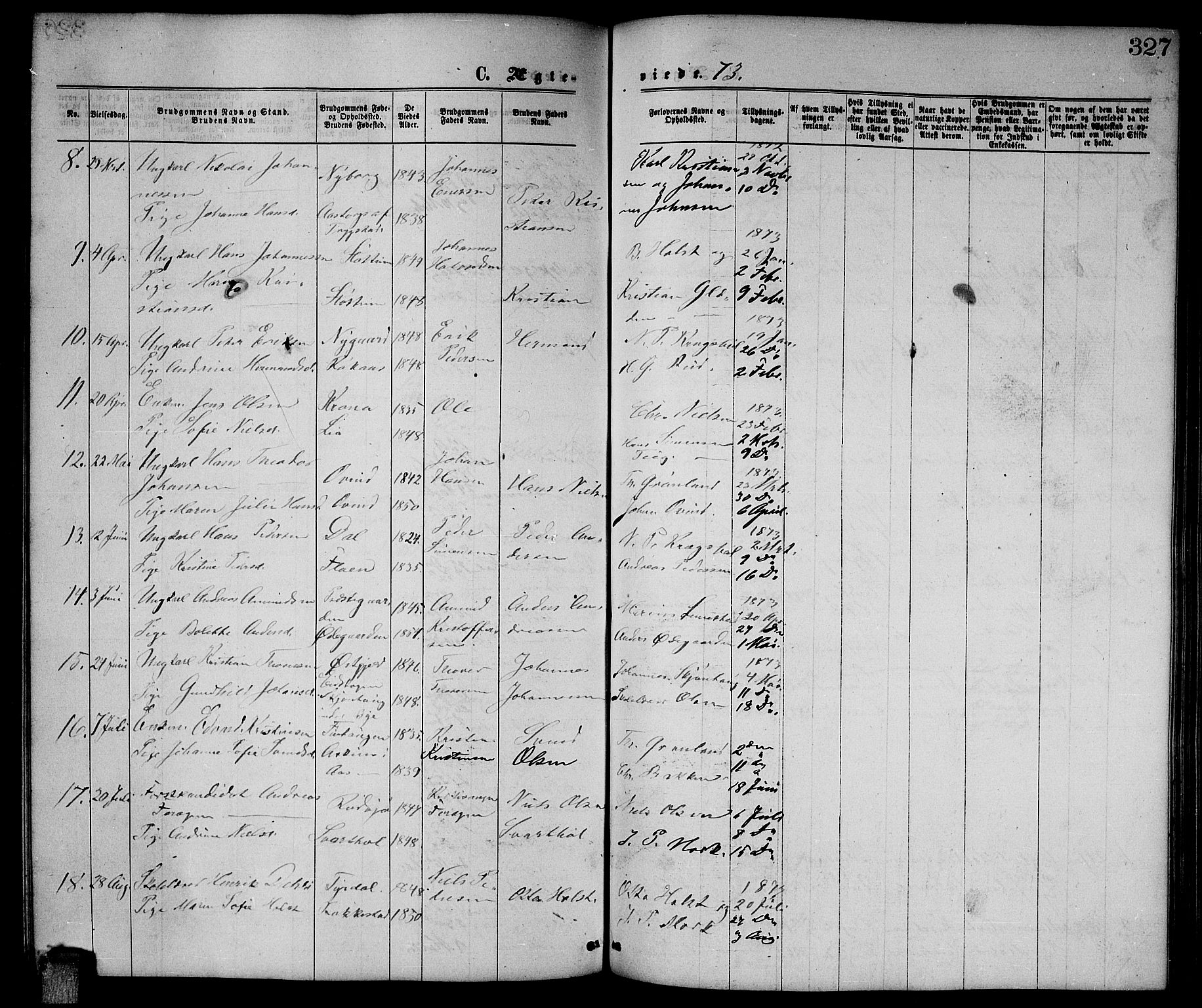 Enebakk prestekontor Kirkebøker, AV/SAO-A-10171c/G/Ga/L0005: Parish register (copy) no. I 5, 1867-1888, p. 327