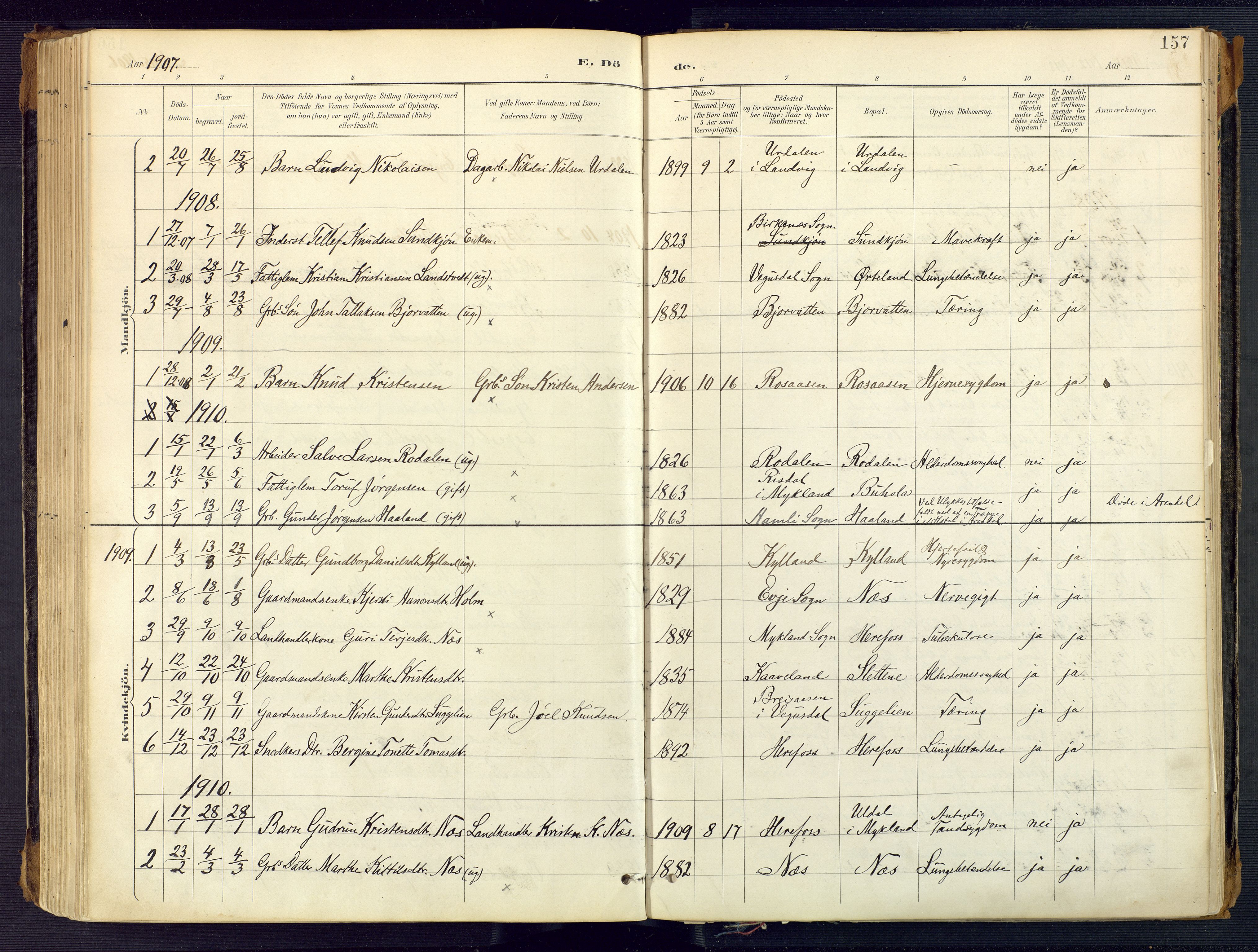 Herefoss sokneprestkontor, AV/SAK-1111-0019/F/Fa/Faa/L0003: Parish register (official) no. A 3, 1887-1930, p. 157