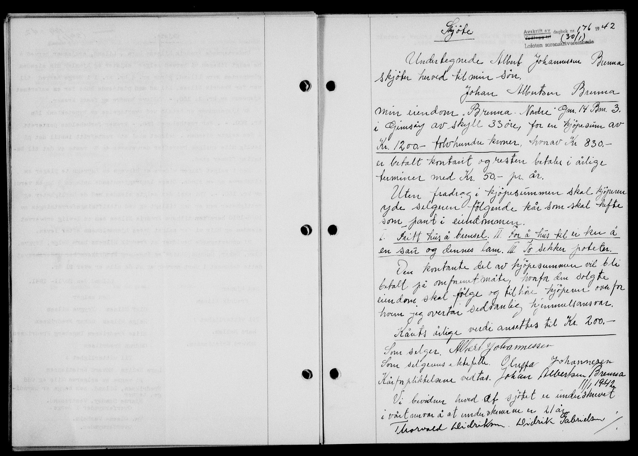 Lofoten sorenskriveri, SAT/A-0017/1/2/2C/L0009a: Mortgage book no. 9a, 1941-1942, Diary no: : 176/1942