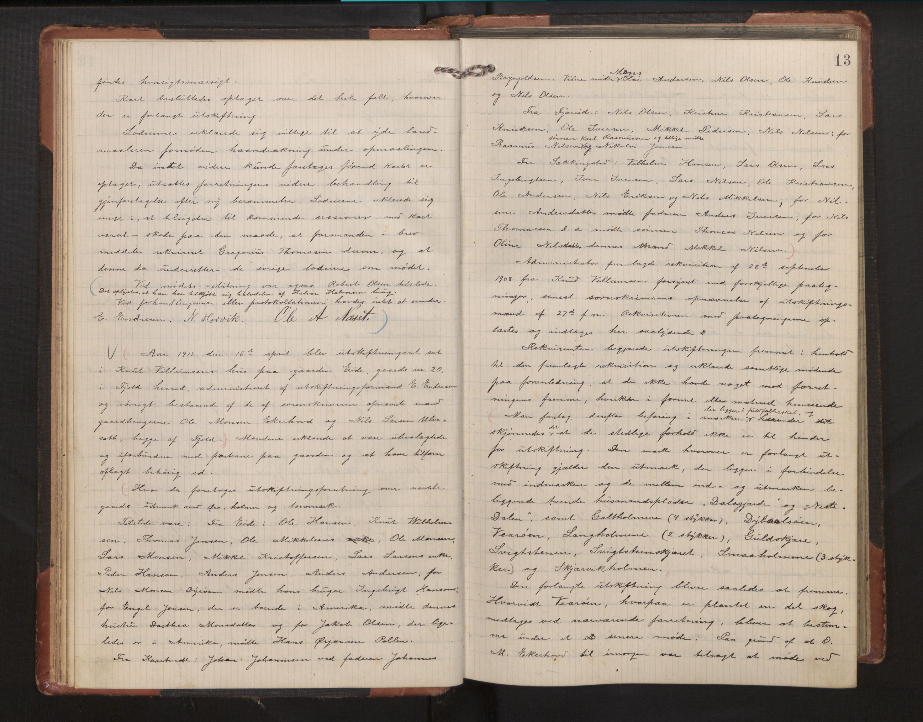 Hordaland jordskiftedøme - II Ytre Nordhordland jordskiftedistrikt, AV/SAB-A-6901/A/Aa/L0023: Forhandlingsprotokoll, 1911-1915, p. 12b-13a