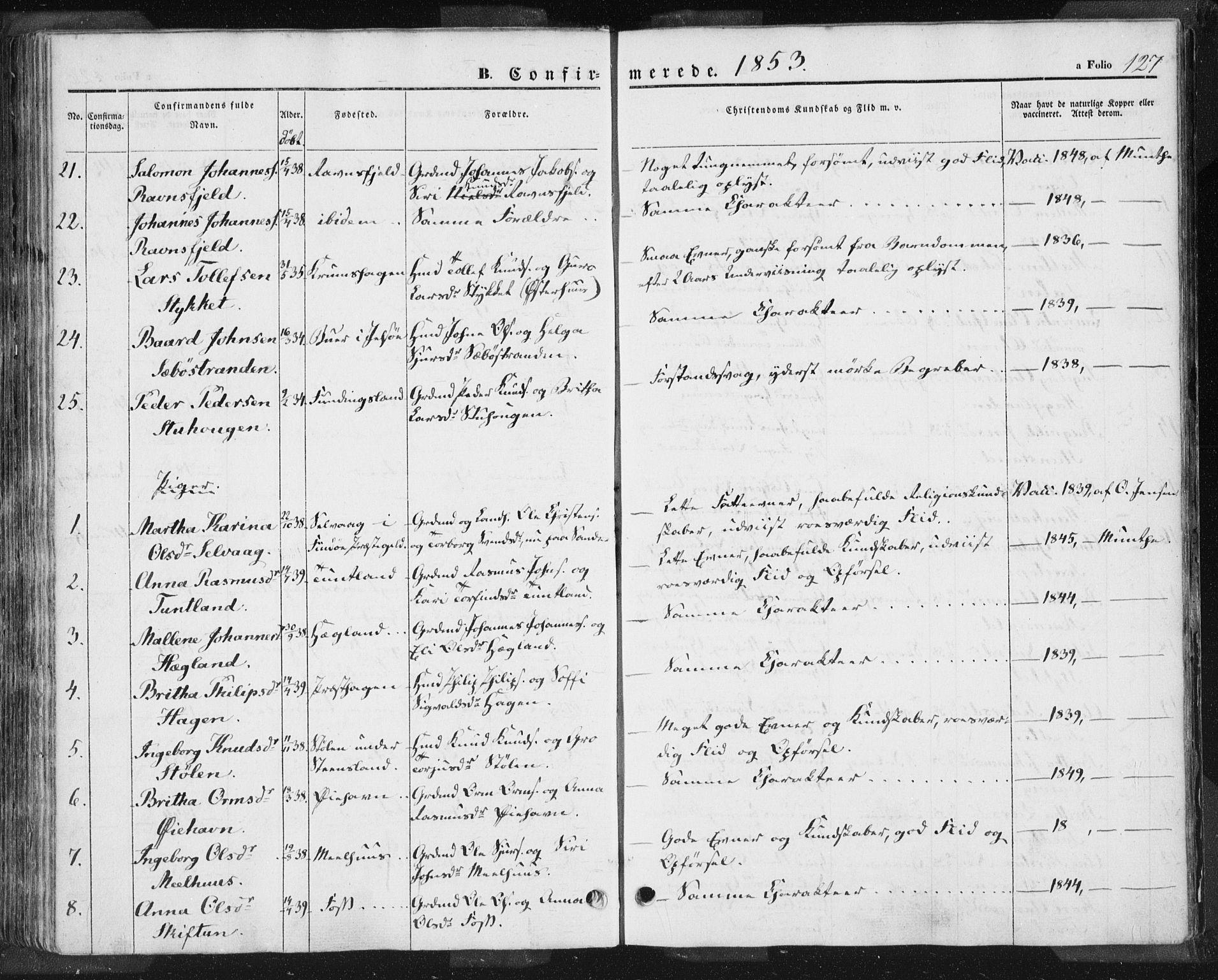 Hjelmeland sokneprestkontor, AV/SAST-A-101843/01/IV/L0009: Parish register (official) no. A 9, 1846-1860, p. 127