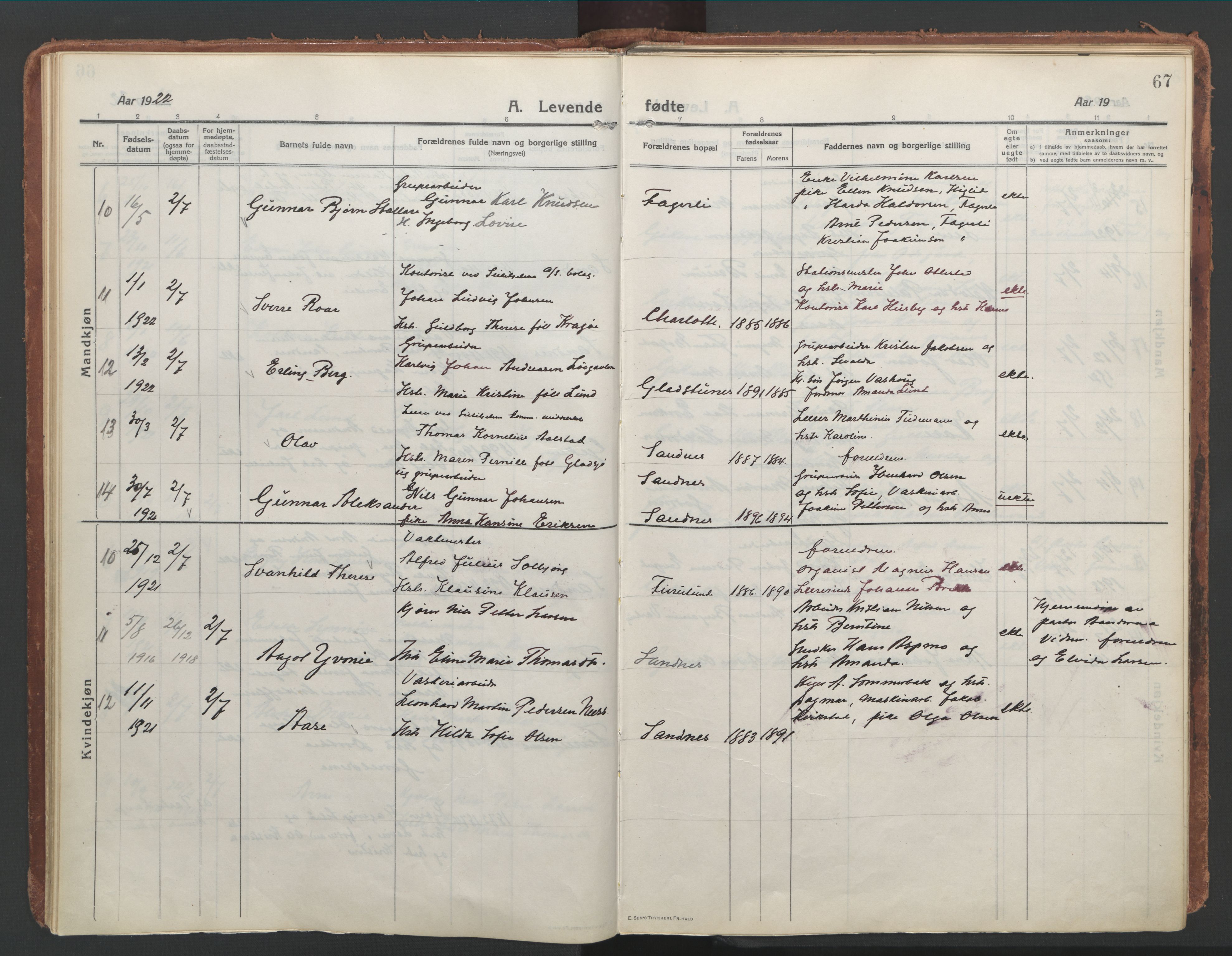 Ministerialprotokoller, klokkerbøker og fødselsregistre - Nordland, AV/SAT-A-1459/850/L0715: Curate's parish register no. 850B05, 1913-1924, p. 67