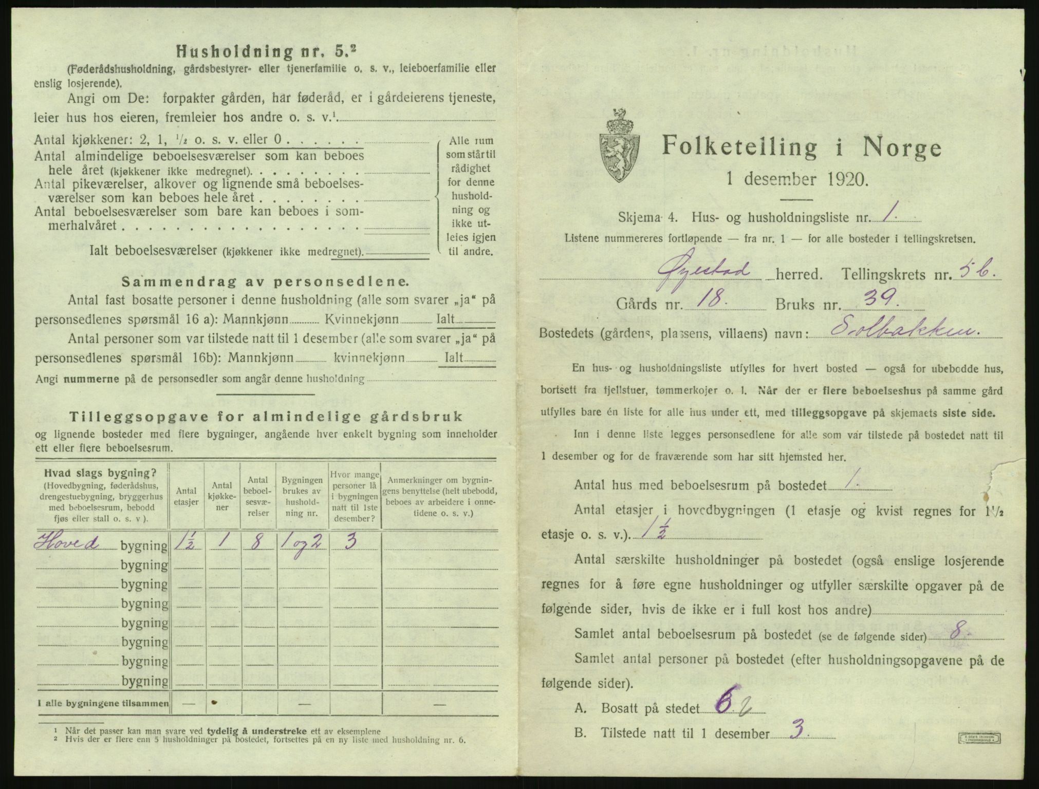 SAK, 1920 census for Øyestad, 1920, p. 402