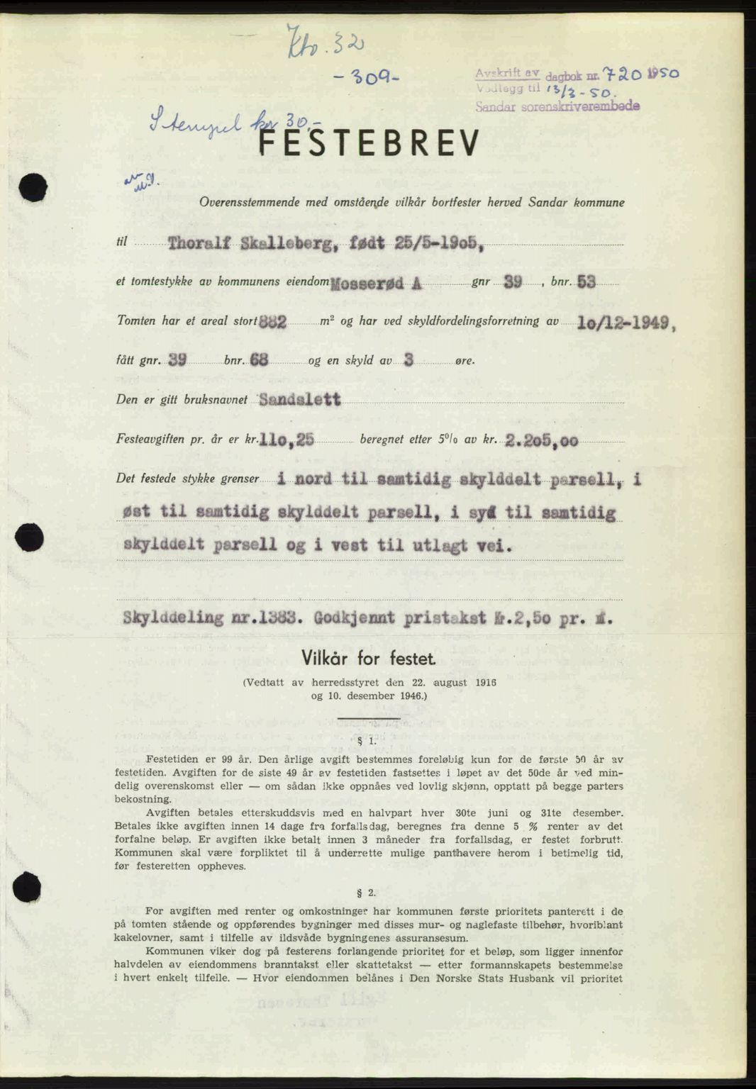 Sandar sorenskriveri, SAKO/A-86/G/Ga/Gaa/L0020: Mortgage book no. A-20, 1949-1950, Diary no: : 720/1950