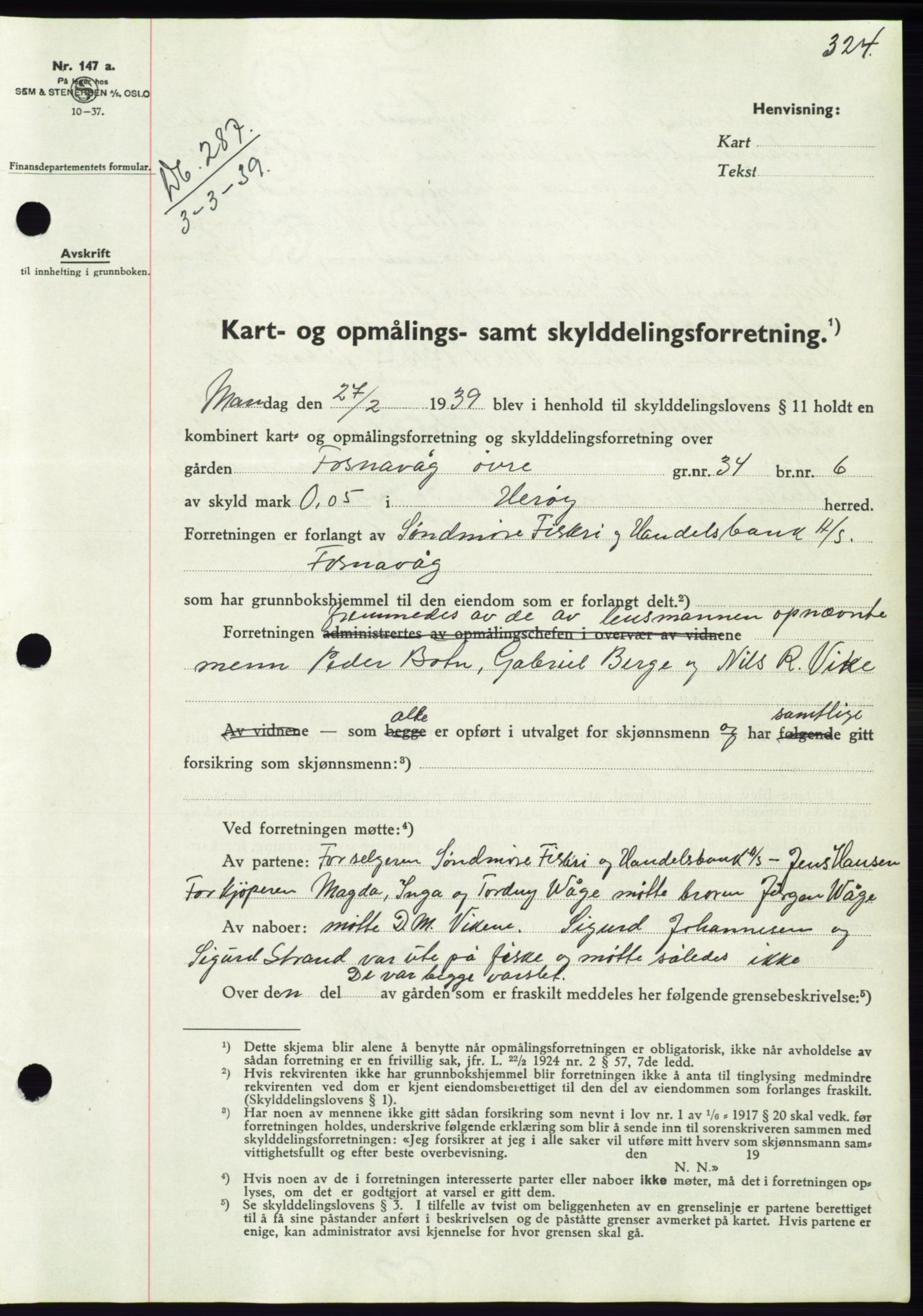 Søre Sunnmøre sorenskriveri, AV/SAT-A-4122/1/2/2C/L0067: Mortgage book no. 61, 1938-1939, Diary no: : 287/1939