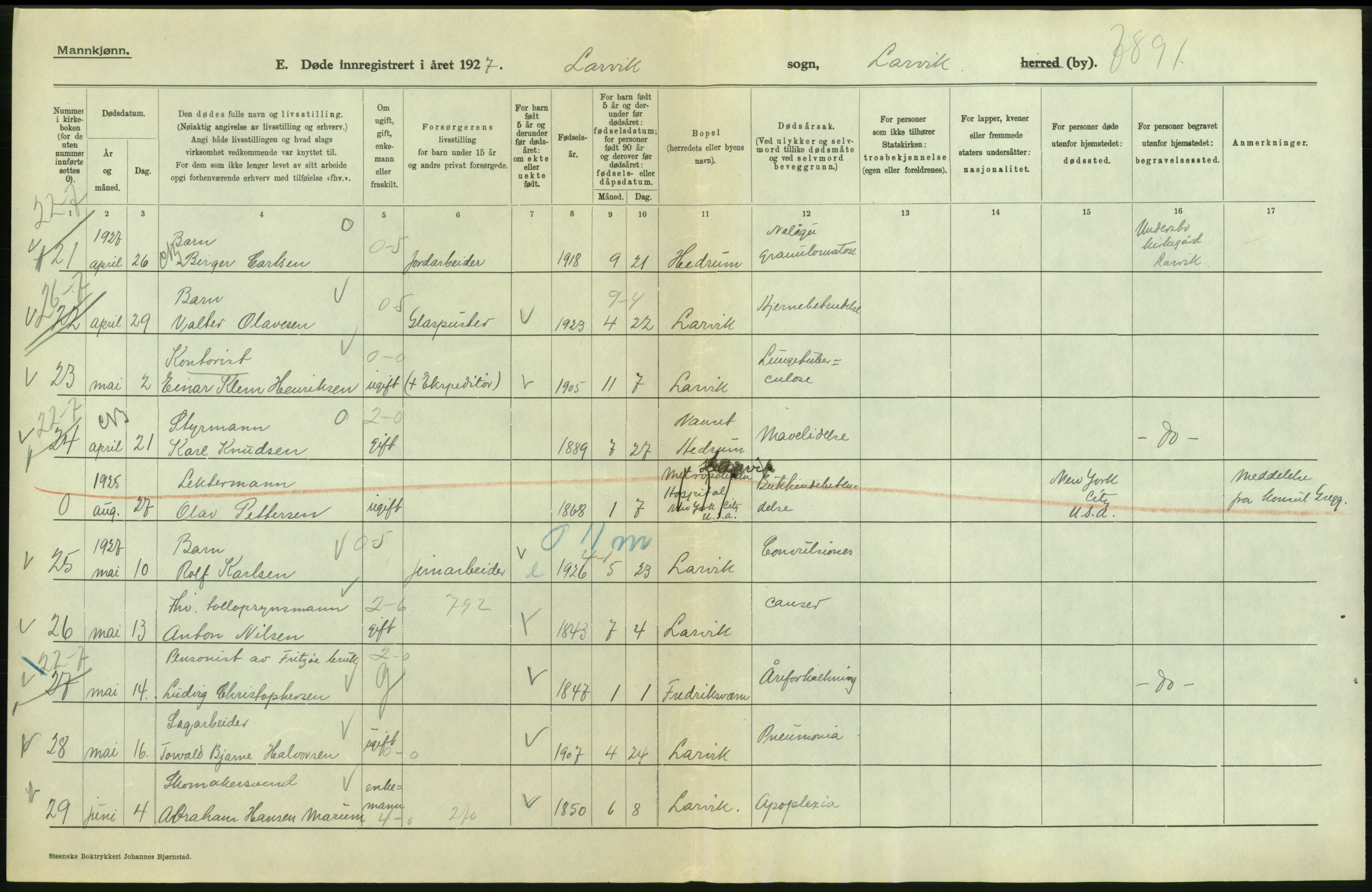 Statistisk sentralbyrå, Sosiodemografiske emner, Befolkning, AV/RA-S-2228/D/Df/Dfc/Dfcg/L0018: Vestfold fylke: Gifte, døde. Bygder og byer., 1927, p. 228