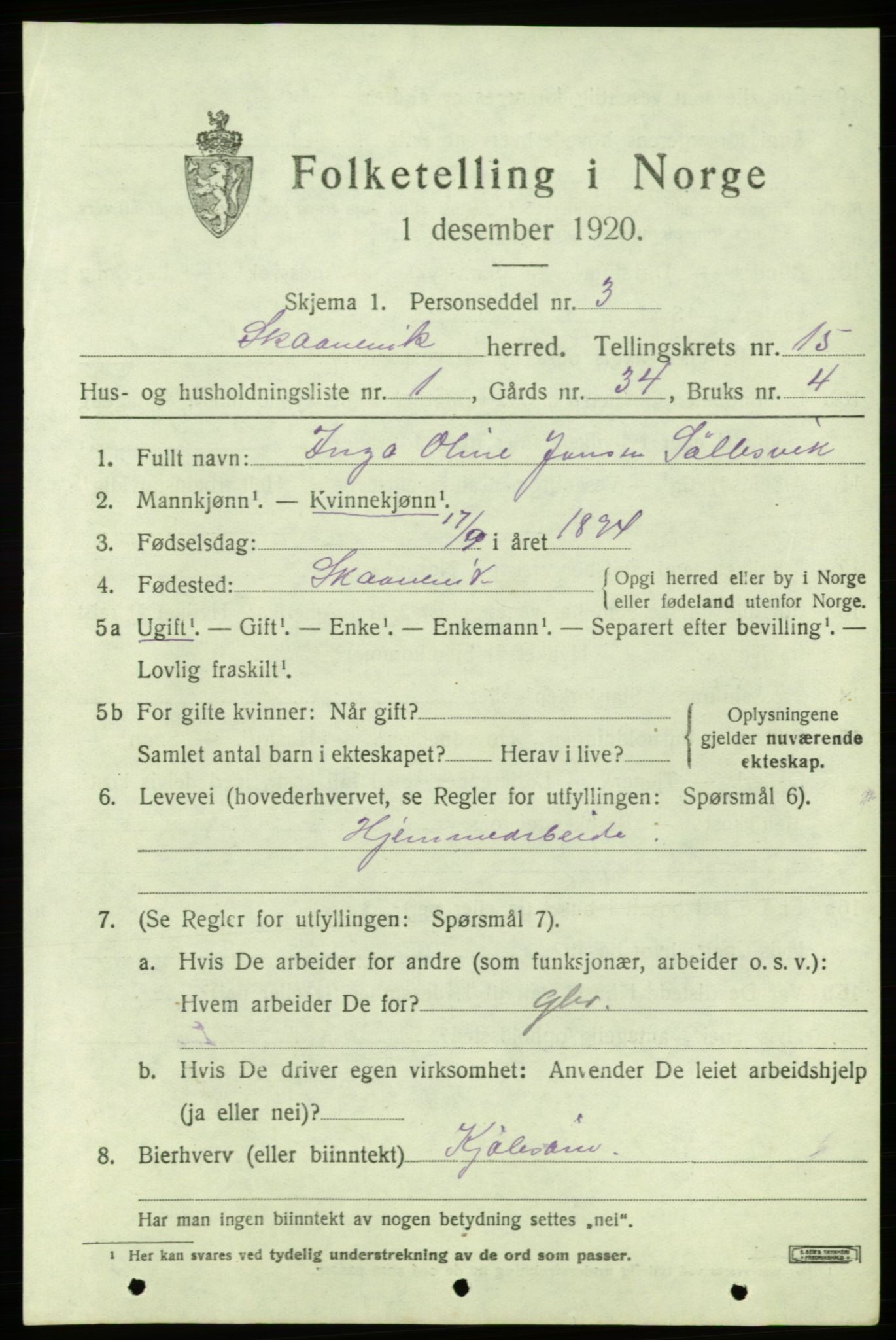 SAB, 1920 census for Skånevik, 1920, p. 6165