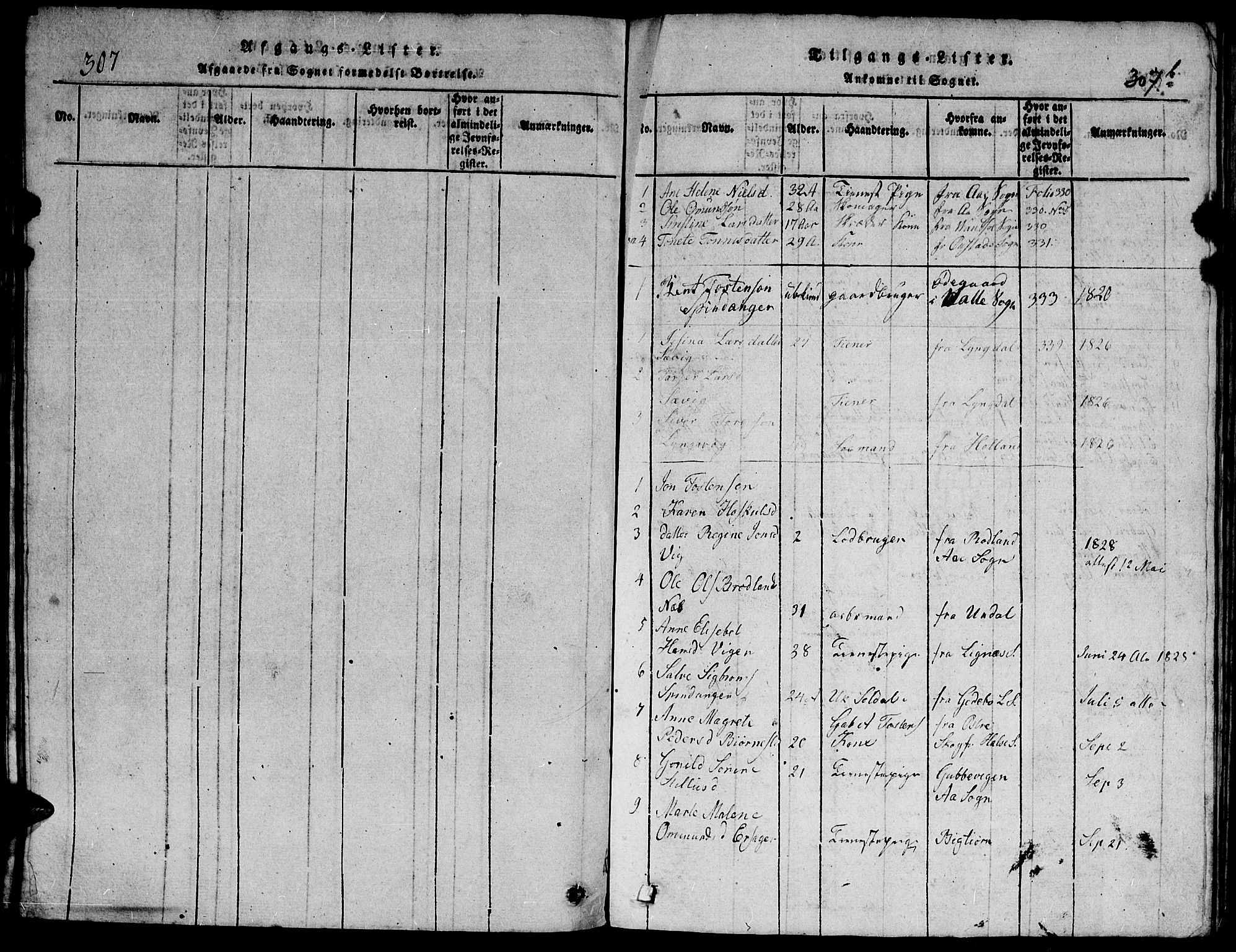 Herad sokneprestkontor, SAK/1111-0018/F/Fb/Fbb/L0001: Parish register (copy) no. B 1, 1815-1852, p. 307