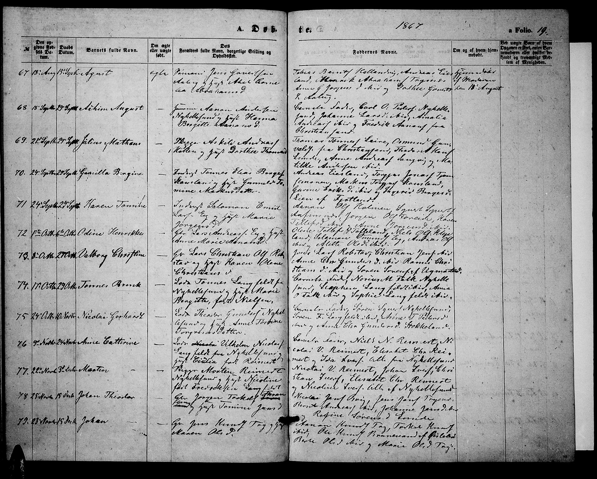 Søgne sokneprestkontor, SAK/1111-0037/F/Fb/Fbb/L0004: Parish register (copy) no. B 4, 1864-1883, p. 19