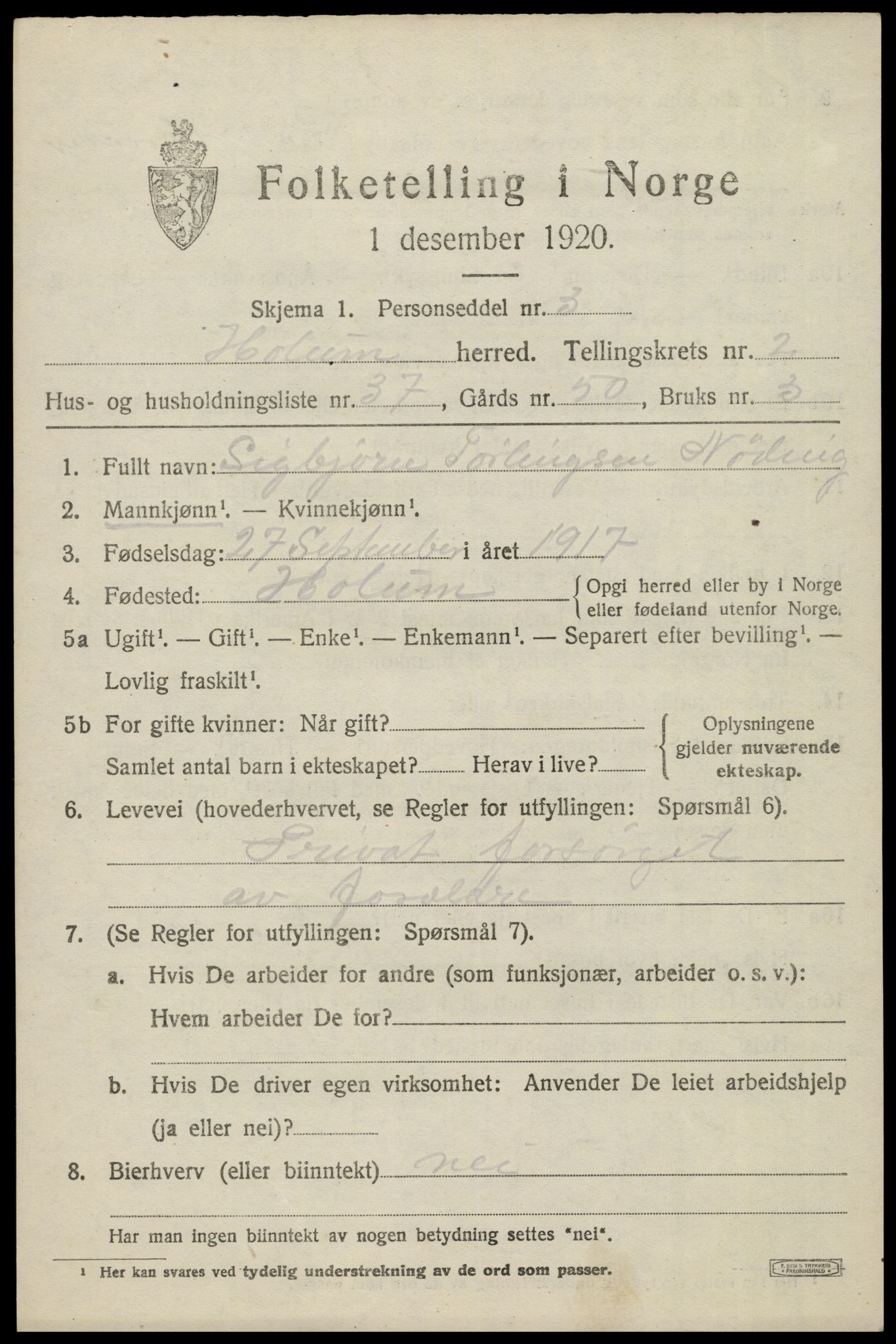 SAK, 1920 census for Holum, 1920, p. 1605