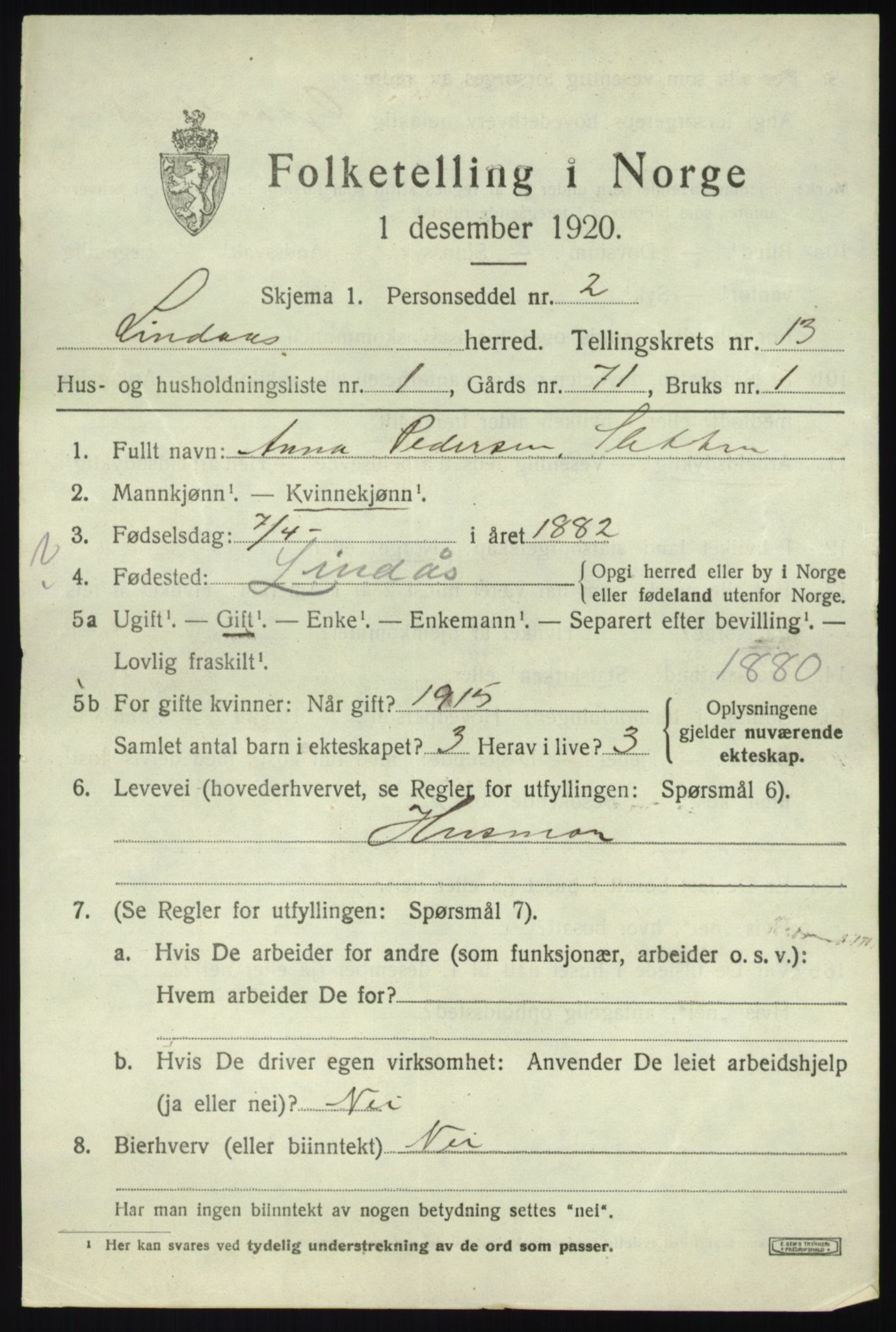 SAB, 1920 census for Lindås, 1920, p. 6307