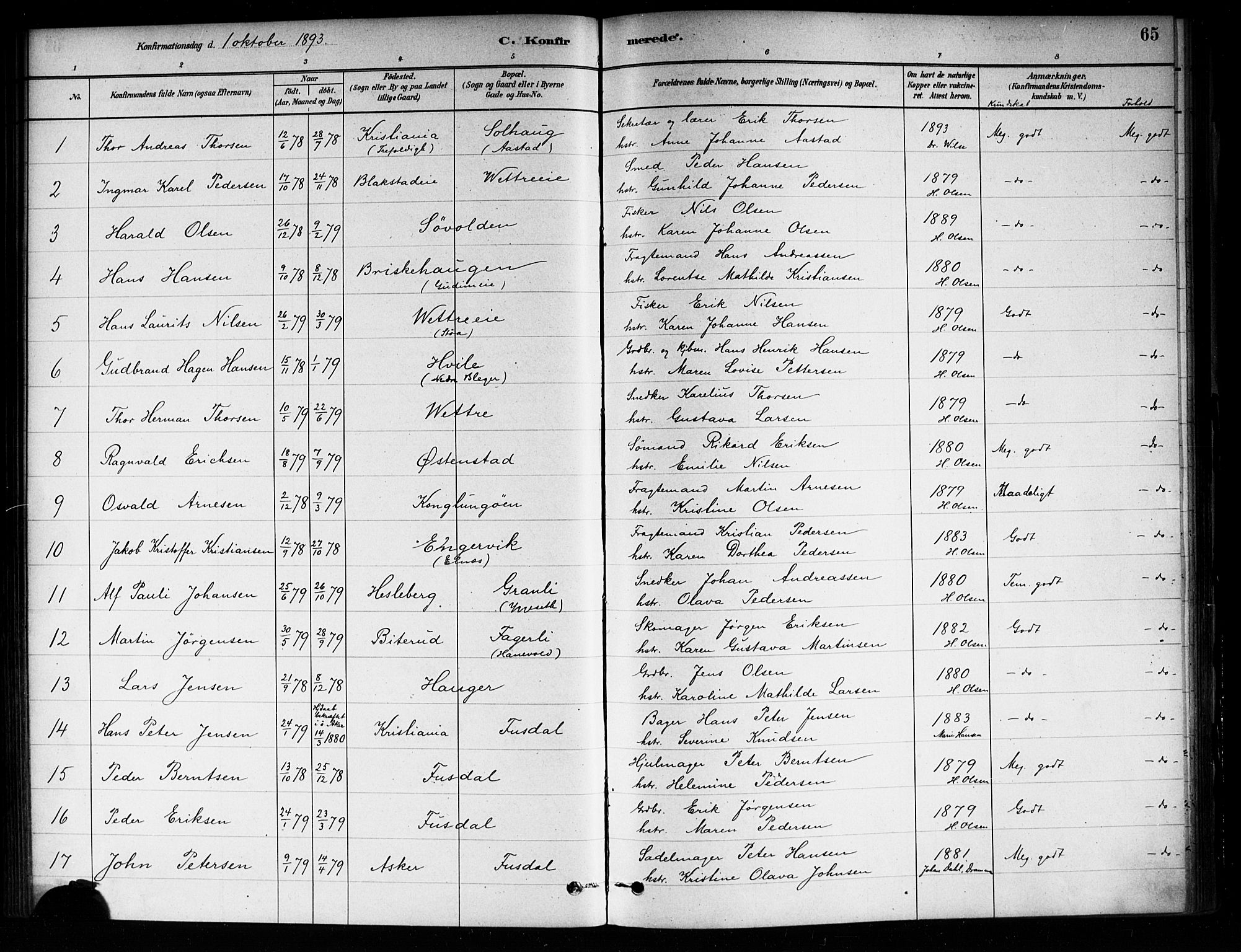 Asker prestekontor Kirkebøker, SAO/A-10256a/F/Fa/L0014: Parish register (official) no. I 14, 1879-1900, p. 65