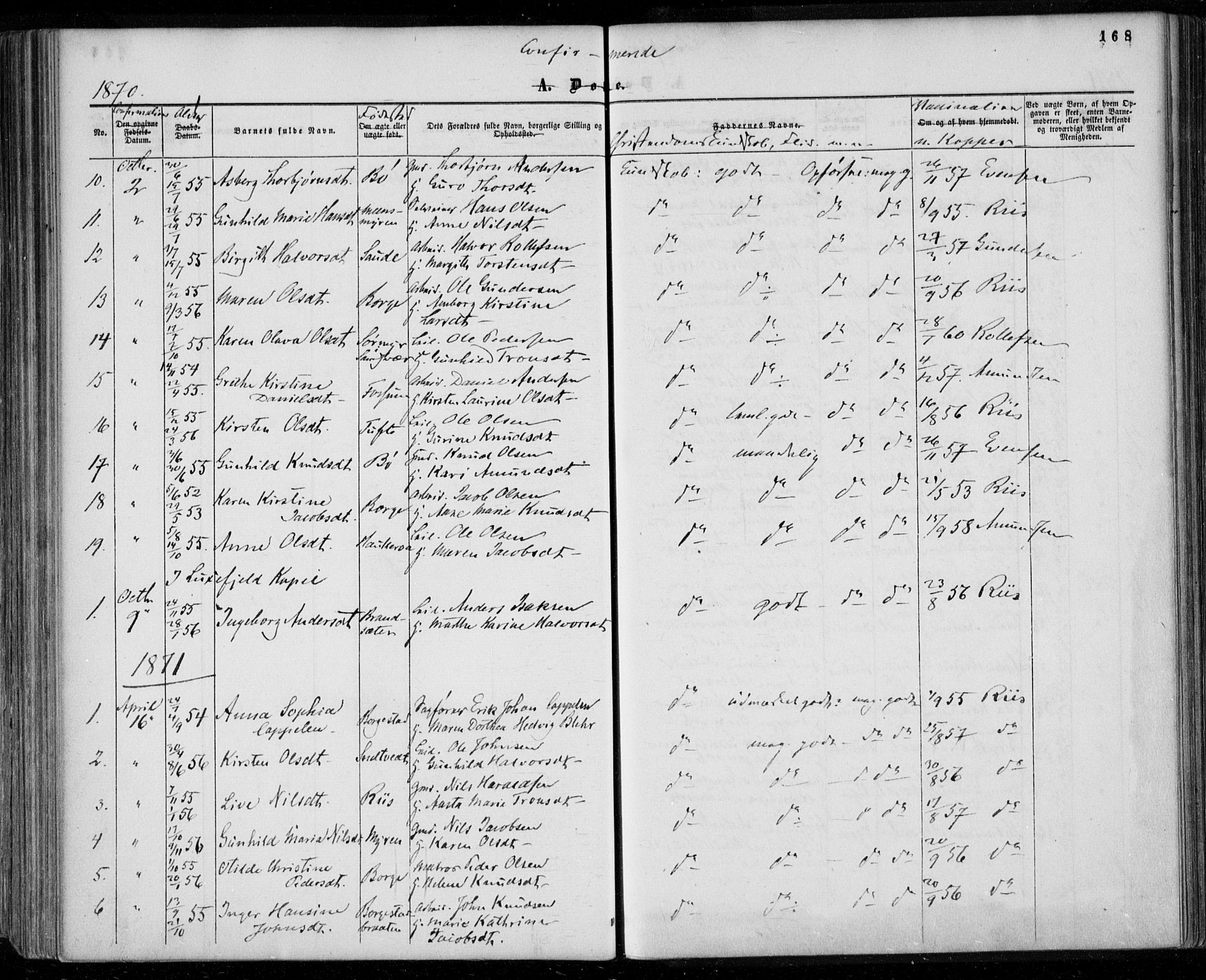 Gjerpen kirkebøker, AV/SAKO-A-265/F/Fa/L0008a: Parish register (official) no. I 8A, 1857-1871, p. 168