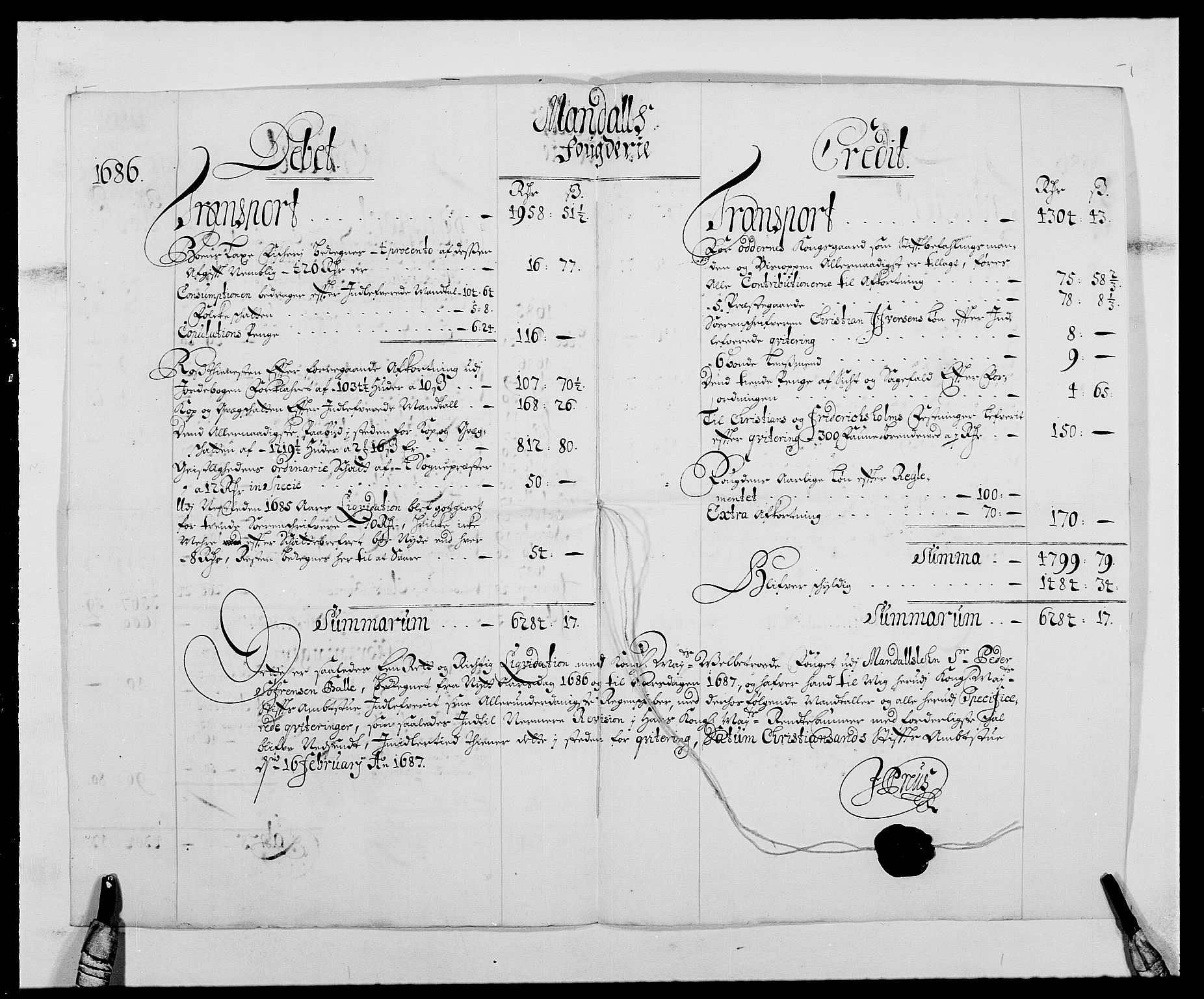 Rentekammeret inntil 1814, Reviderte regnskaper, Fogderegnskap, AV/RA-EA-4092/R42/L2542: Mandal fogderi, 1685-1687, p. 91