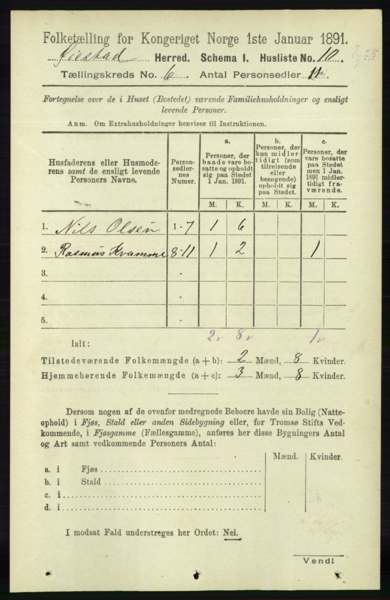 RA, 1891 census for 0920 Øyestad, 1891, p. 2062