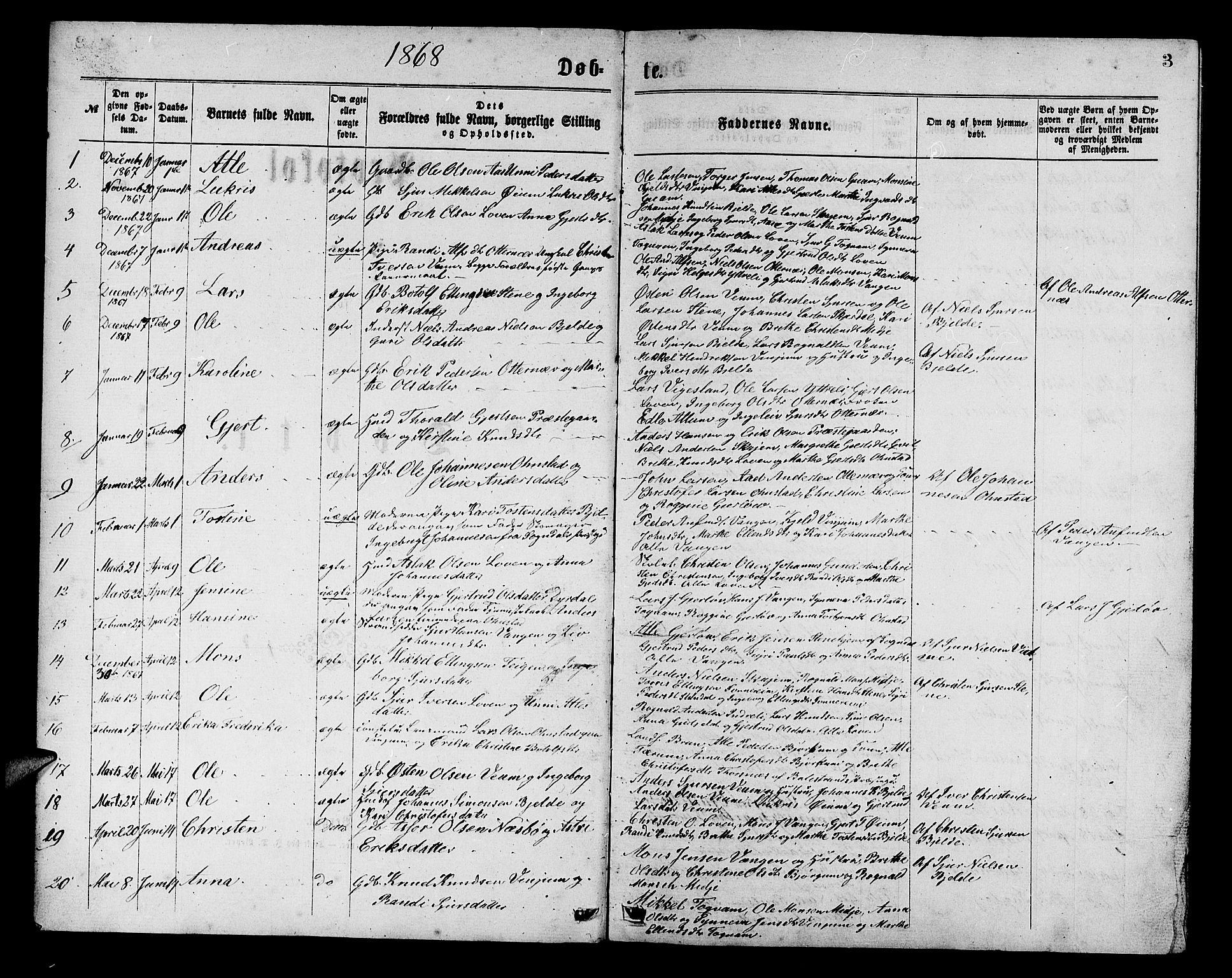 Aurland sokneprestembete, SAB/A-99937/H/Hb/Hba/L0001: Parish register (copy) no. A 1, 1868-1881, p. 2