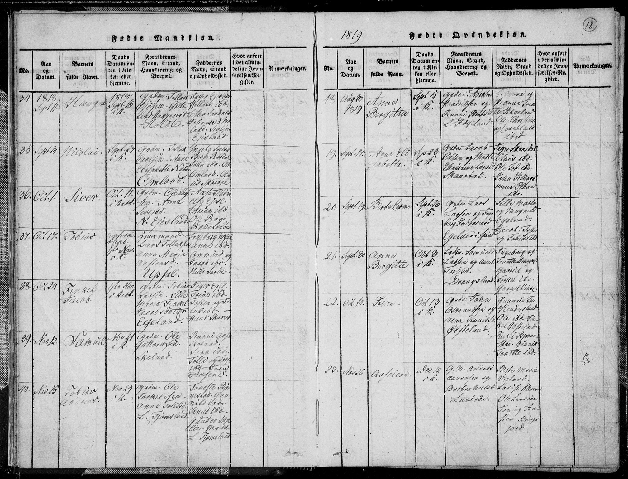 Lyngdal sokneprestkontor, AV/SAK-1111-0029/F/Fa/Fac/L0006: Parish register (official) no. A 6, 1815-1825, p. 18