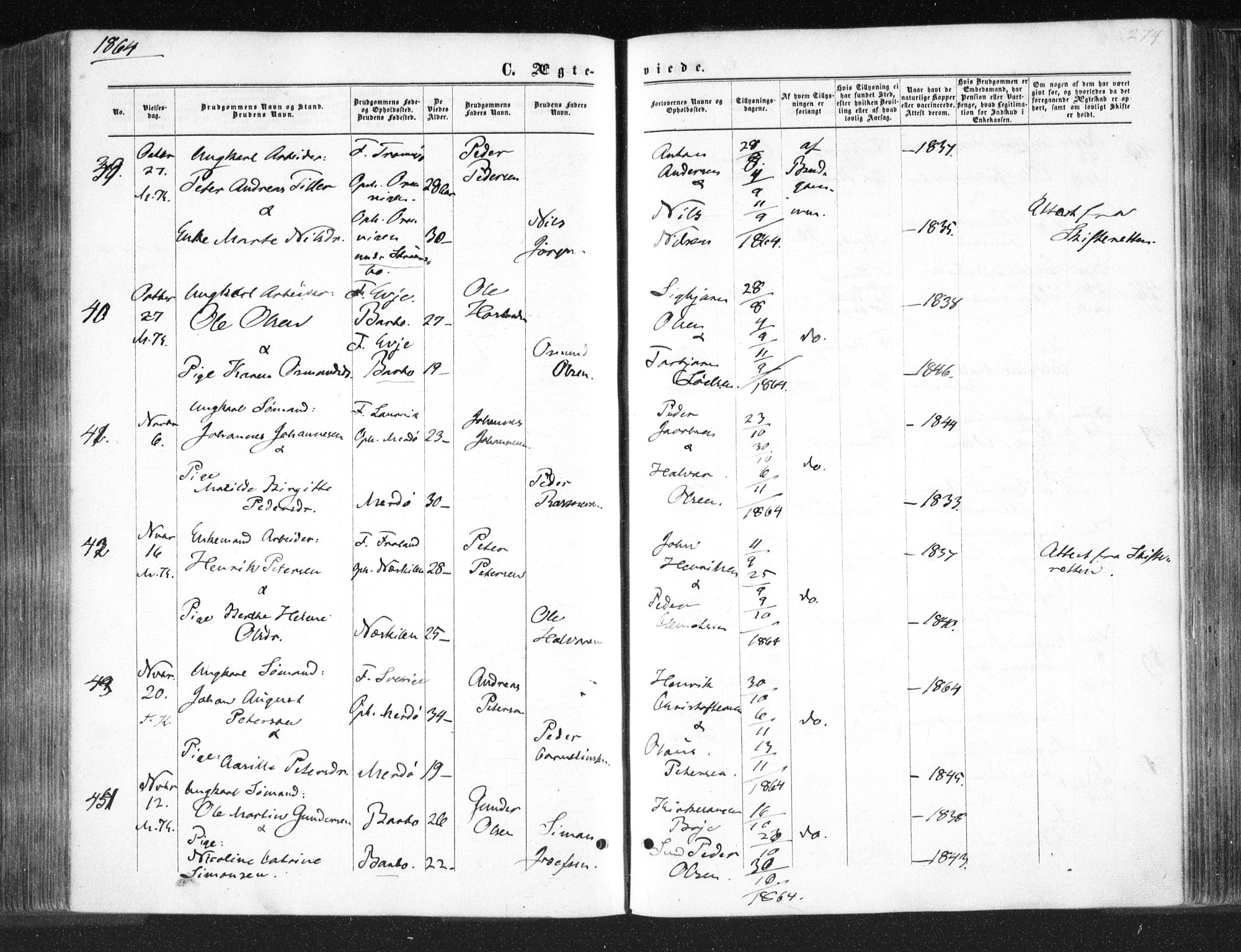 Tromøy sokneprestkontor, AV/SAK-1111-0041/F/Fa/L0007: Parish register (official) no. A 7, 1864-1869, p. 274