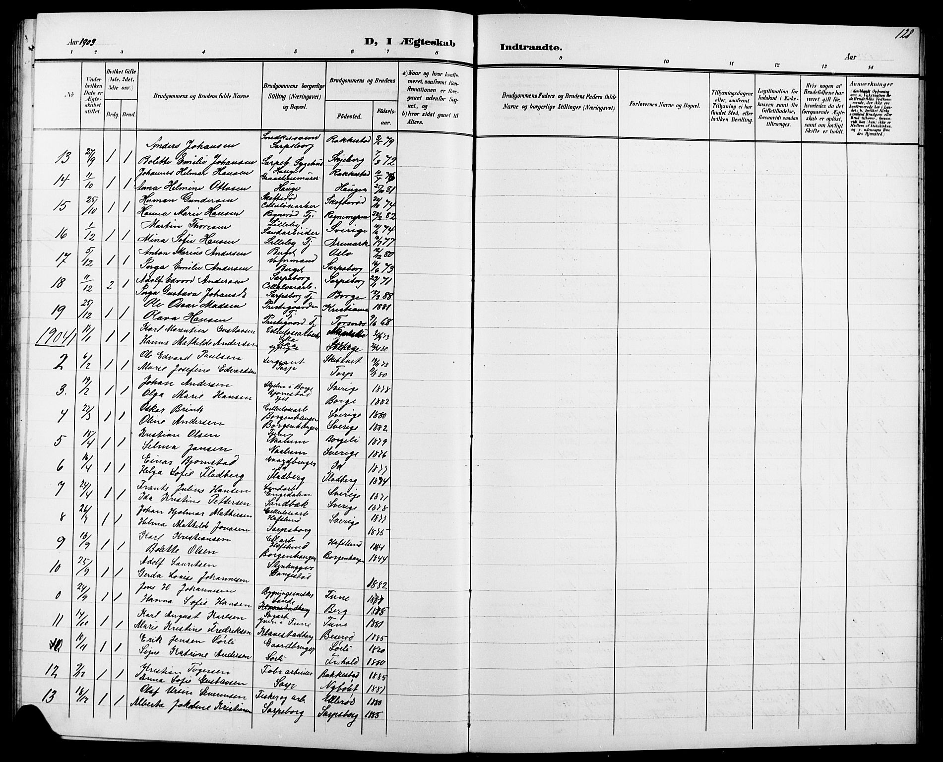 Skjeberg prestekontor Kirkebøker, AV/SAO-A-10923/G/Ga/L0002: Parish register (copy) no. I 2, 1901-1924, p. 128