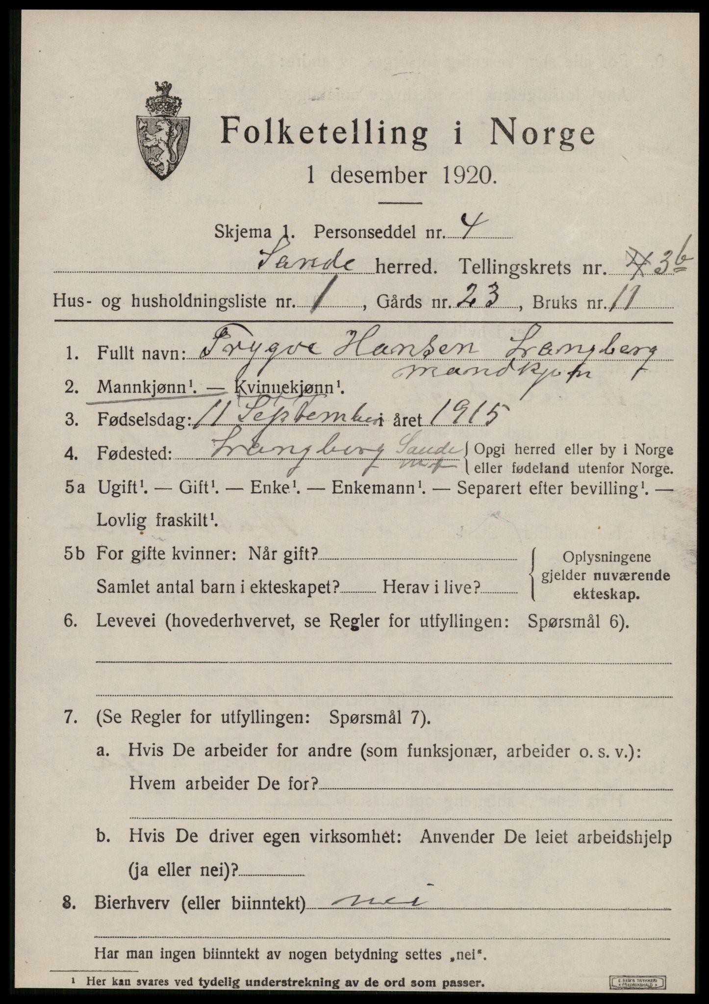 SAT, 1920 census for Sande (MR), 1920, p. 2706