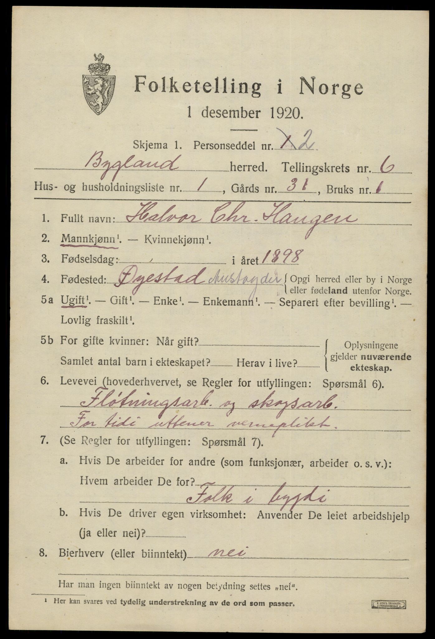 SAK, 1920 census for Bygland, 1920, p. 2125