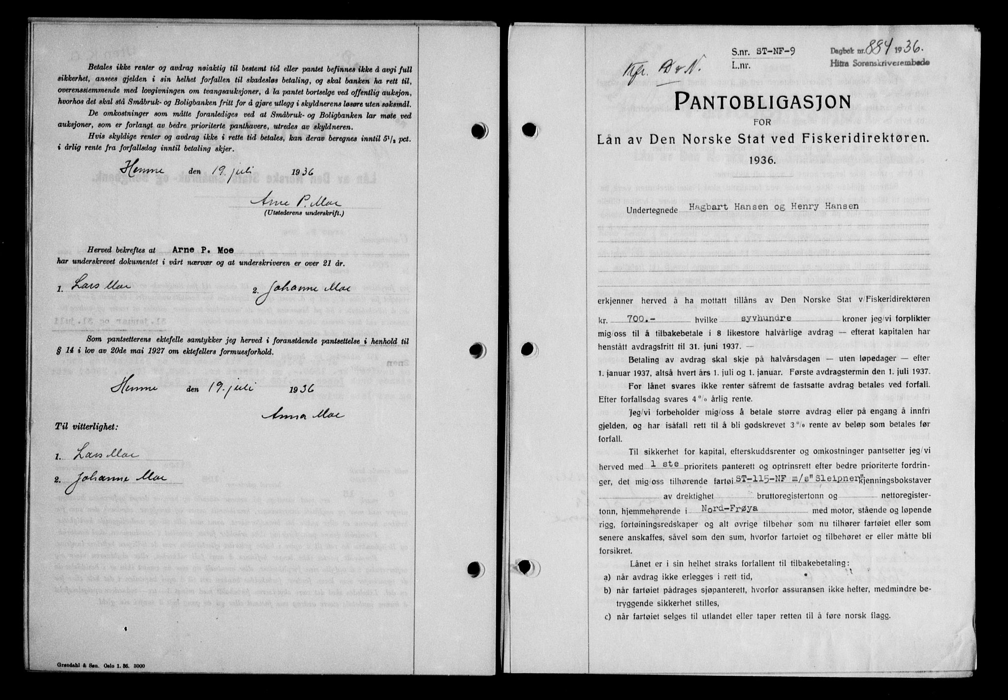Hitra sorenskriveri, AV/SAT-A-0018/2/2C/2Ca/L0028: Mortgage book no. B-1, 1936-1939, Diary no: : 884/1936
