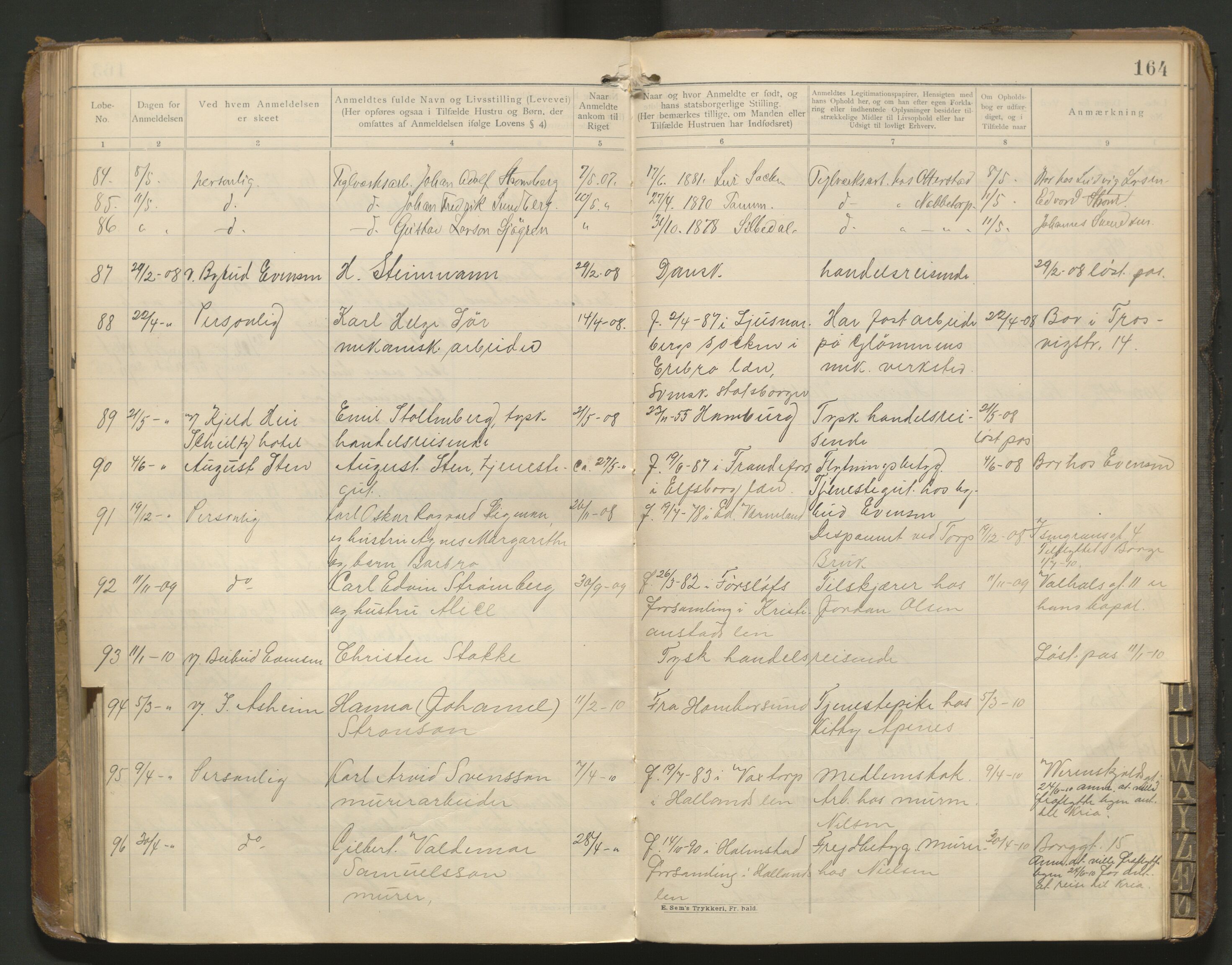 Fredrikstad politikammer, AV/SAO-A-10055/H/Hb/Hba/L0001: Protokoll over fremmede statsborgere, 1901-1916, p. 163b-164a