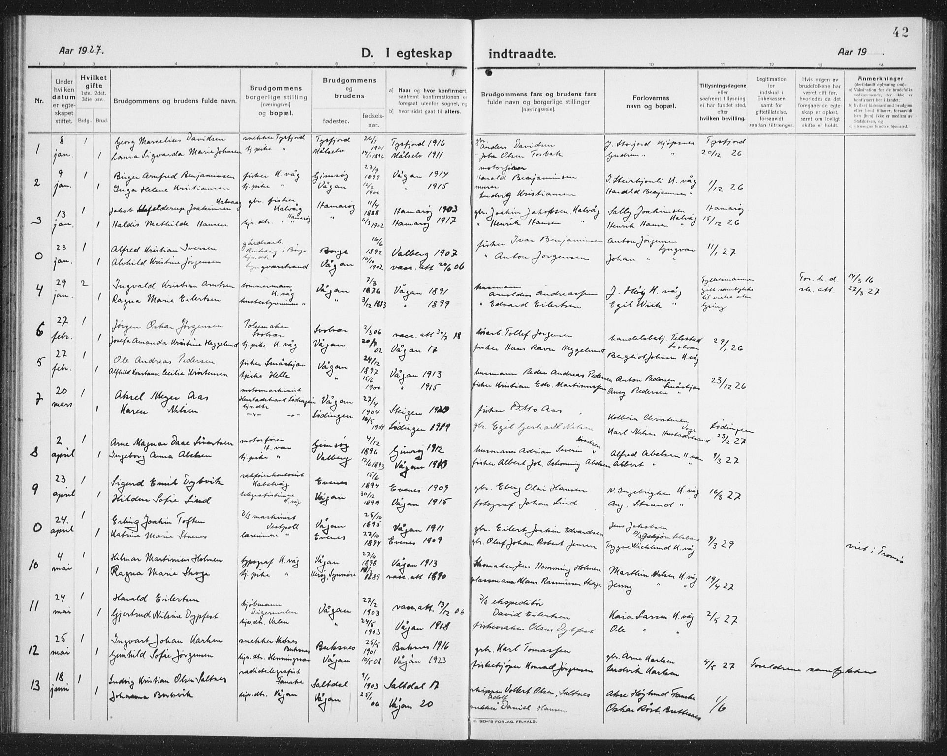 Ministerialprotokoller, klokkerbøker og fødselsregistre - Nordland, AV/SAT-A-1459/874/L1082: Parish register (copy) no. 874C11, 1920-1939, p. 42