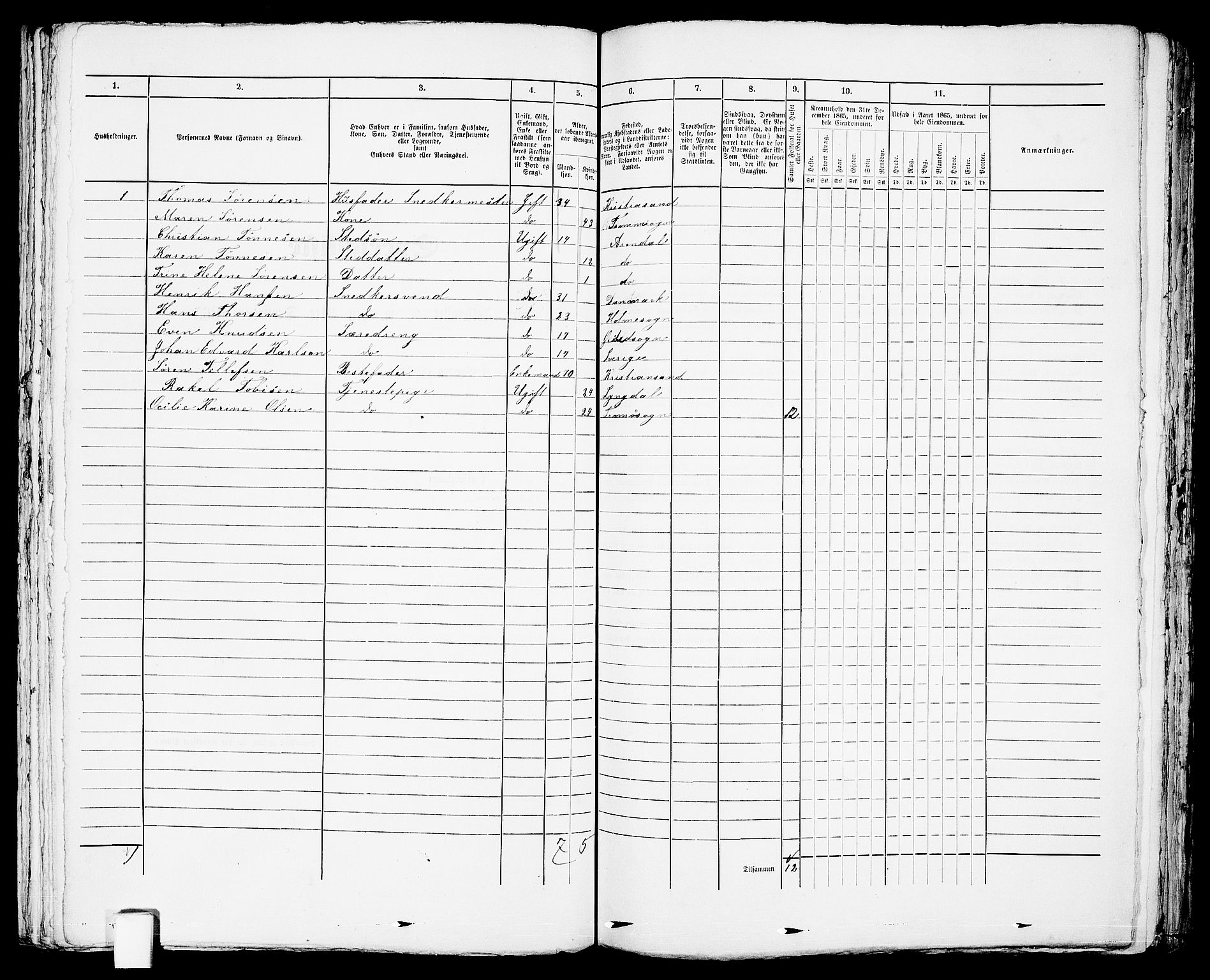 RA, 1865 census for Arendal, 1865, p. 190