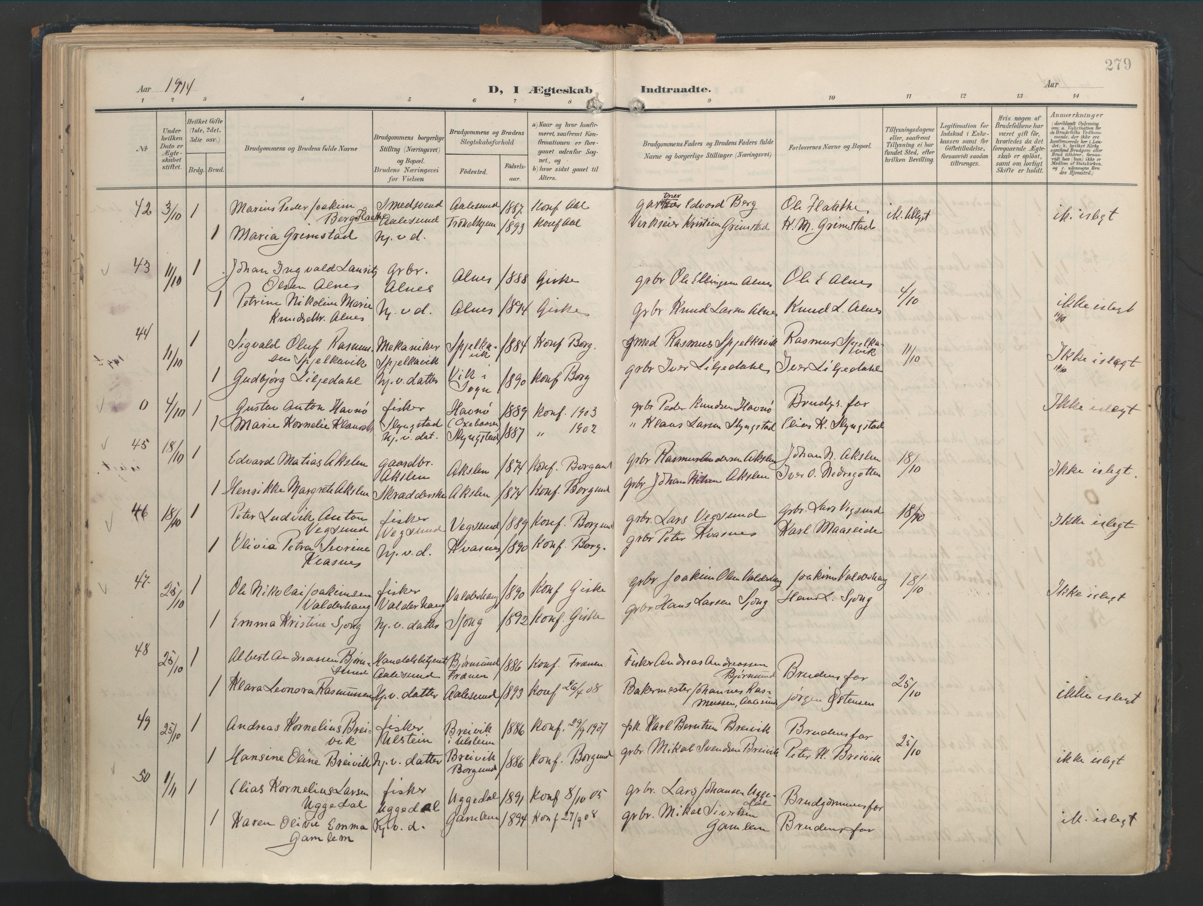 Ministerialprotokoller, klokkerbøker og fødselsregistre - Møre og Romsdal, AV/SAT-A-1454/528/L0411: Parish register (official) no. 528A20, 1907-1920, p. 279