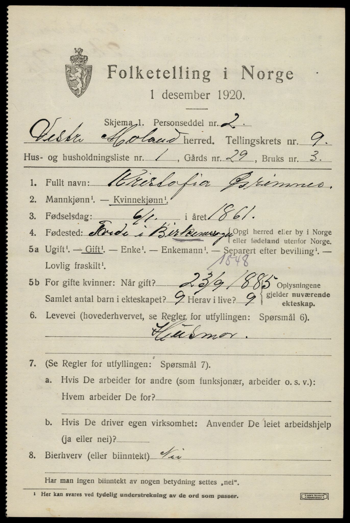 SAK, 1920 census for Vestre Moland, 1920, p. 5493