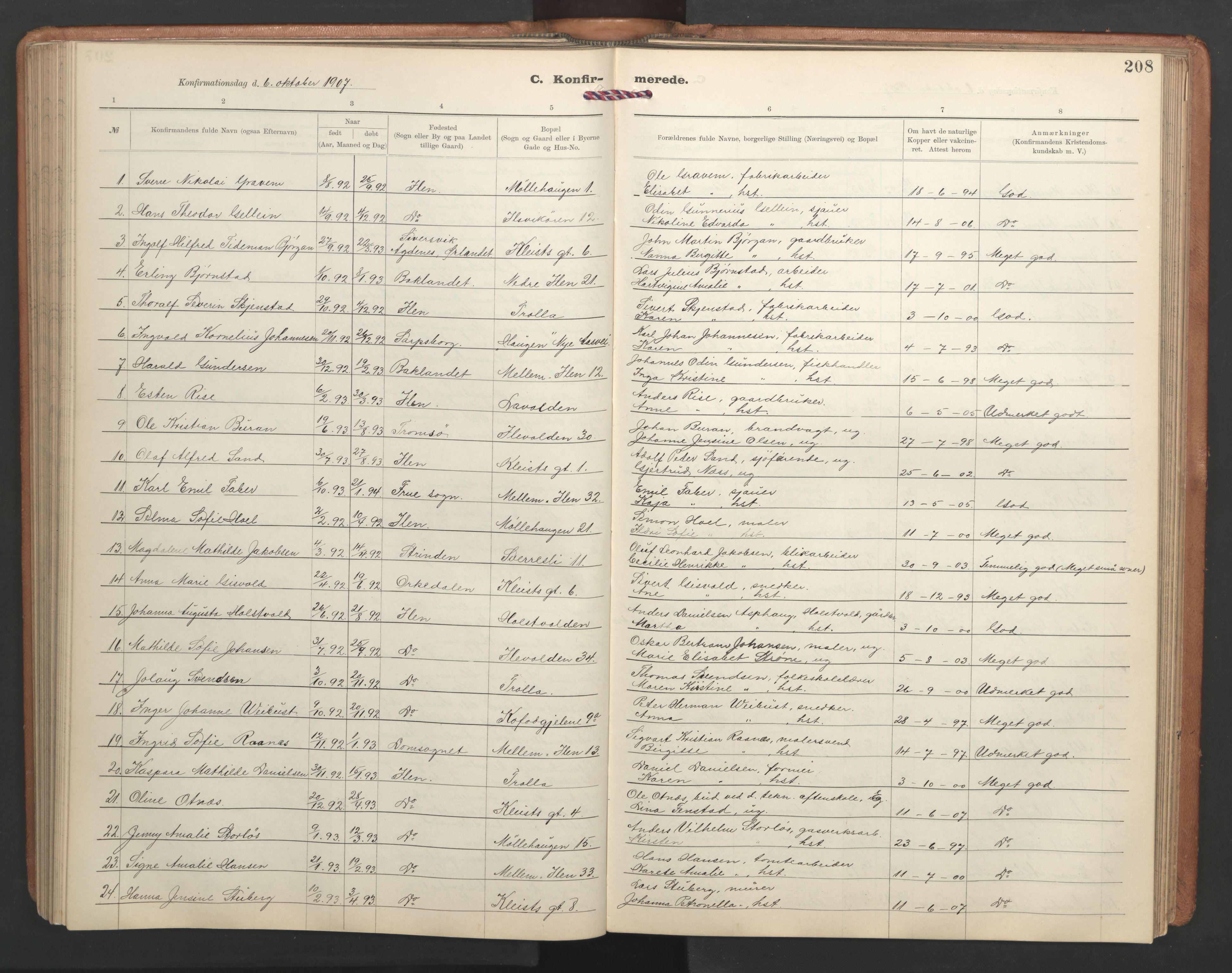 Ministerialprotokoller, klokkerbøker og fødselsregistre - Sør-Trøndelag, AV/SAT-A-1456/603/L0173: Parish register (copy) no. 603C01, 1907-1962, p. 208