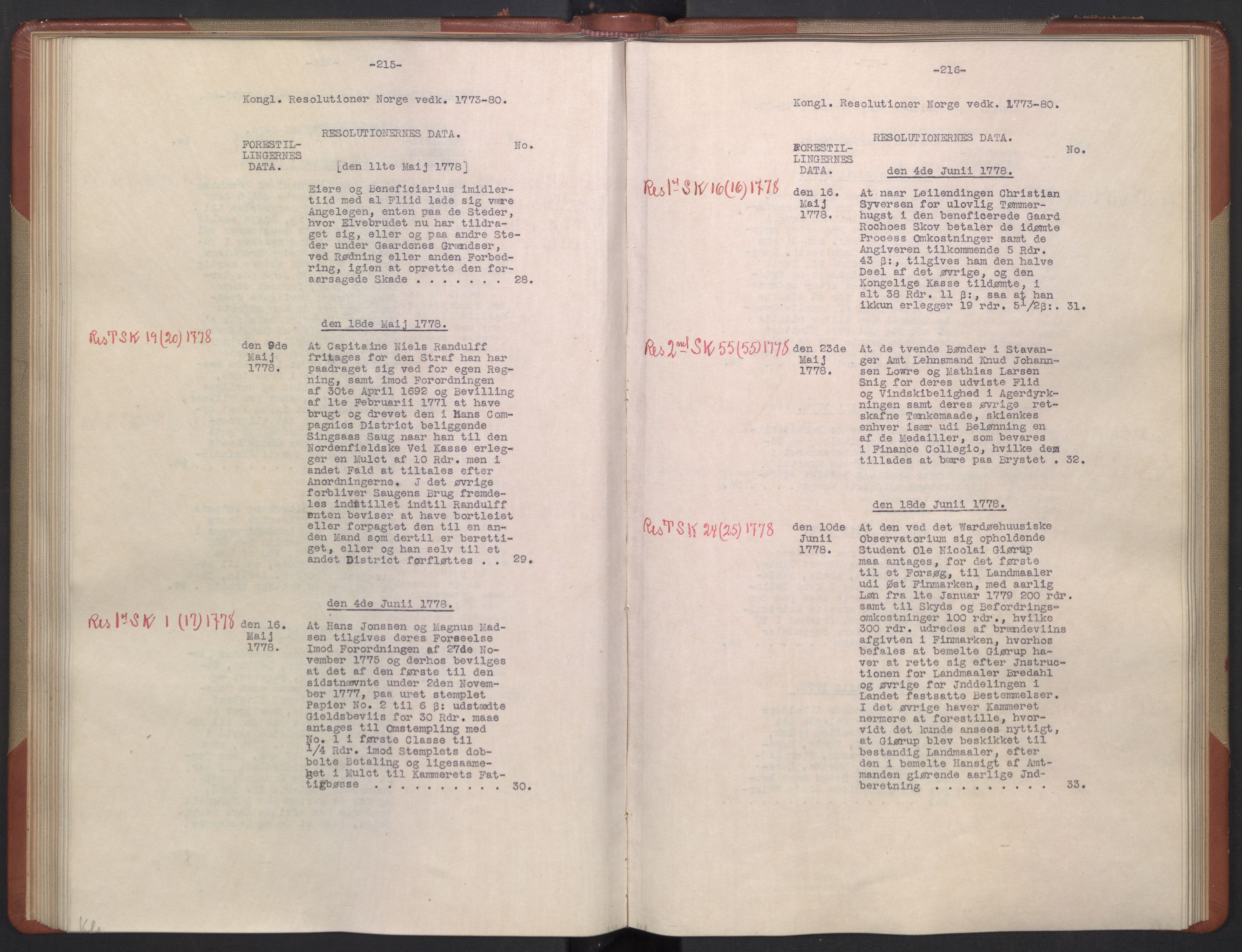 Avskriftsamlingen, AV/RA-EA-4022/F/Fb/L0122: Registratur over norske Relasjons- og resolusjonsprotokoller, 1773-1780, p. 66