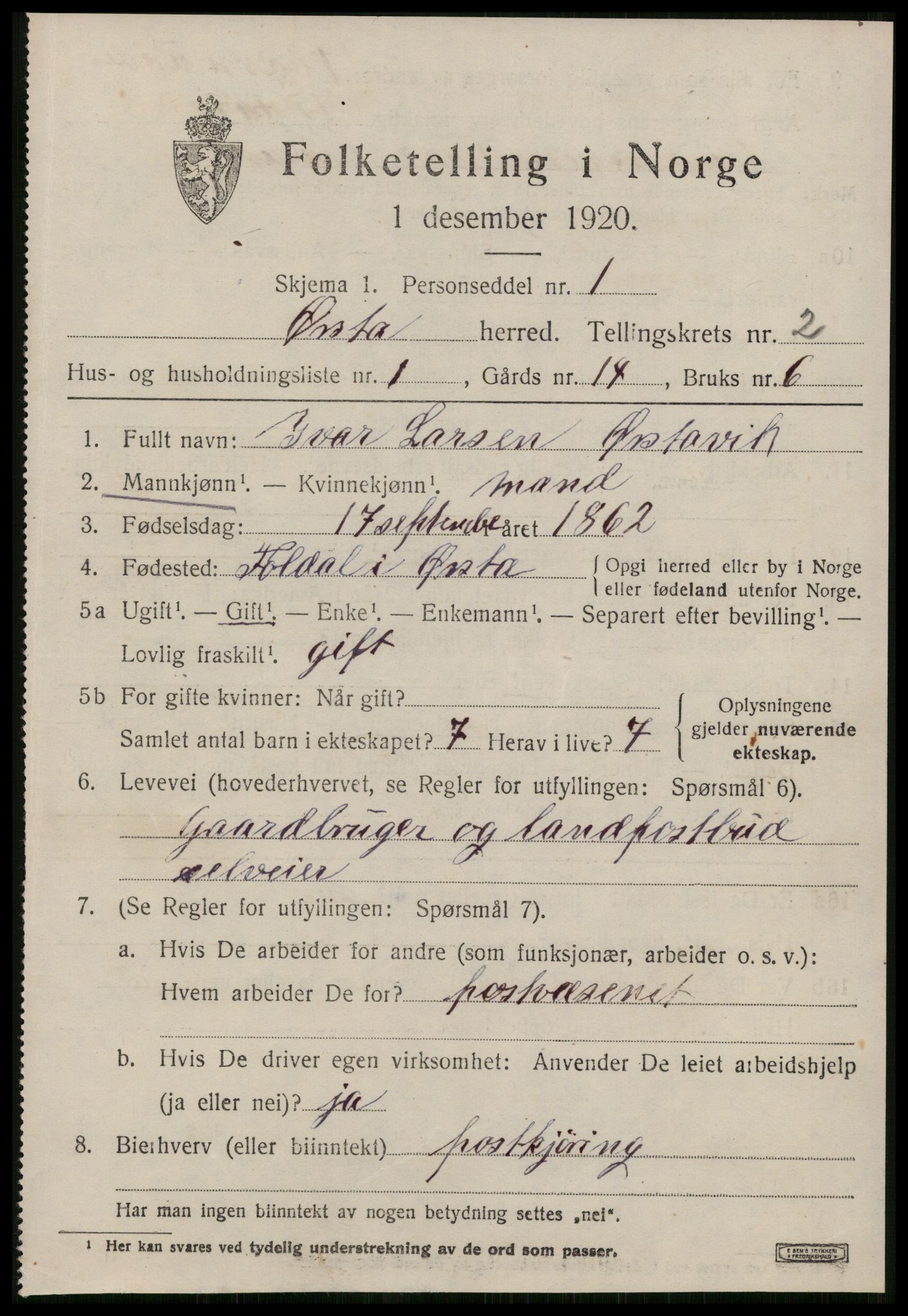 SAT, 1920 census for Ørsta, 1920, p. 1730