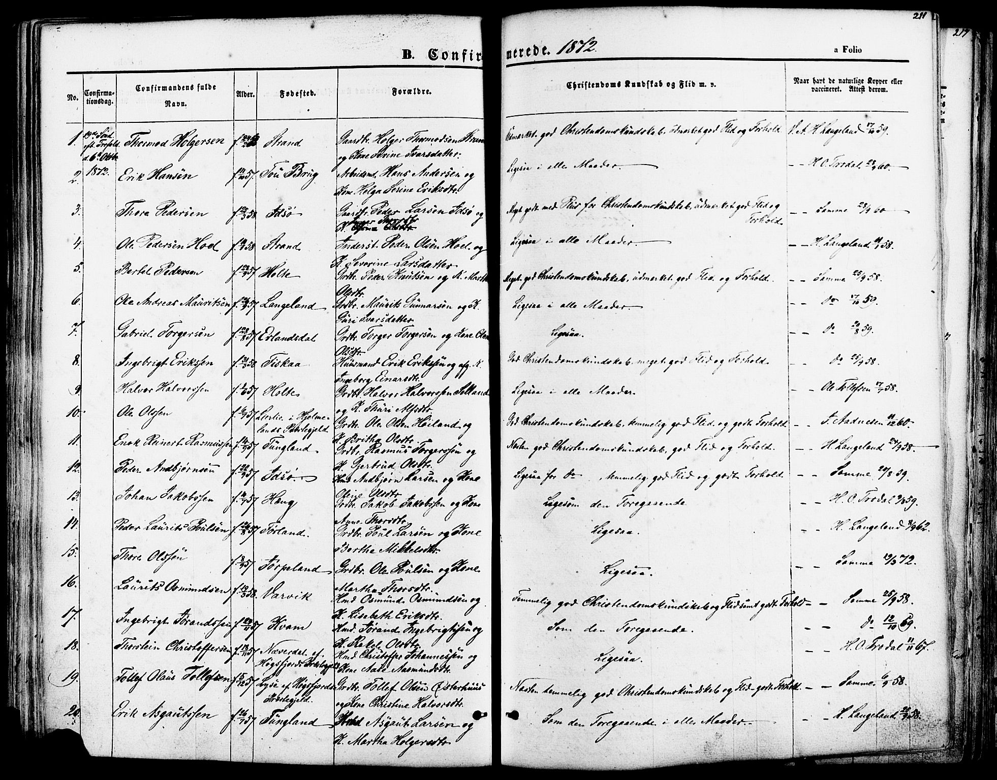 Strand sokneprestkontor, SAST/A-101828/H/Ha/Haa/L0007: Parish register (official) no. A 7, 1855-1881, p. 211