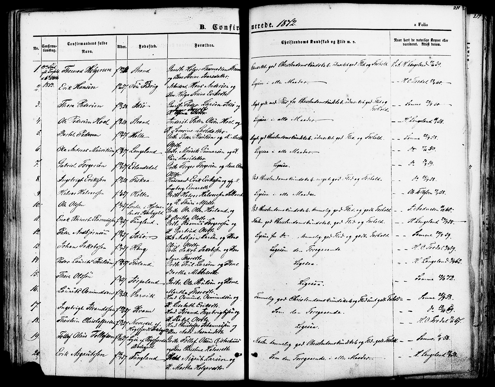 Strand sokneprestkontor, AV/SAST-A-101828/H/Ha/Haa/L0007: Parish register (official) no. A 7, 1855-1881, p. 211