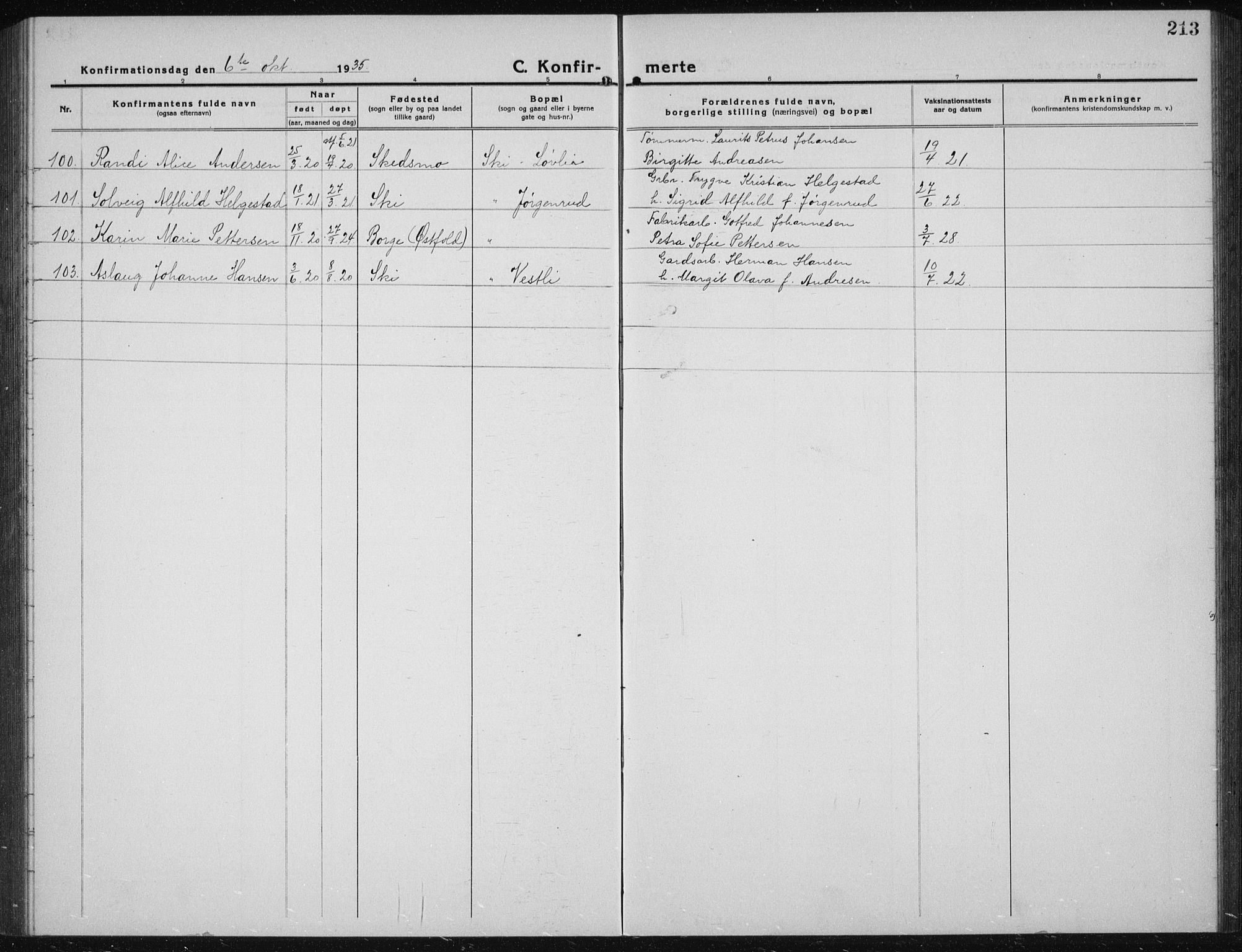 Kråkstad prestekontor Kirkebøker, AV/SAO-A-10125a/G/Gb/L0002: Parish register (copy) no. II 2, 1921-1941, p. 213