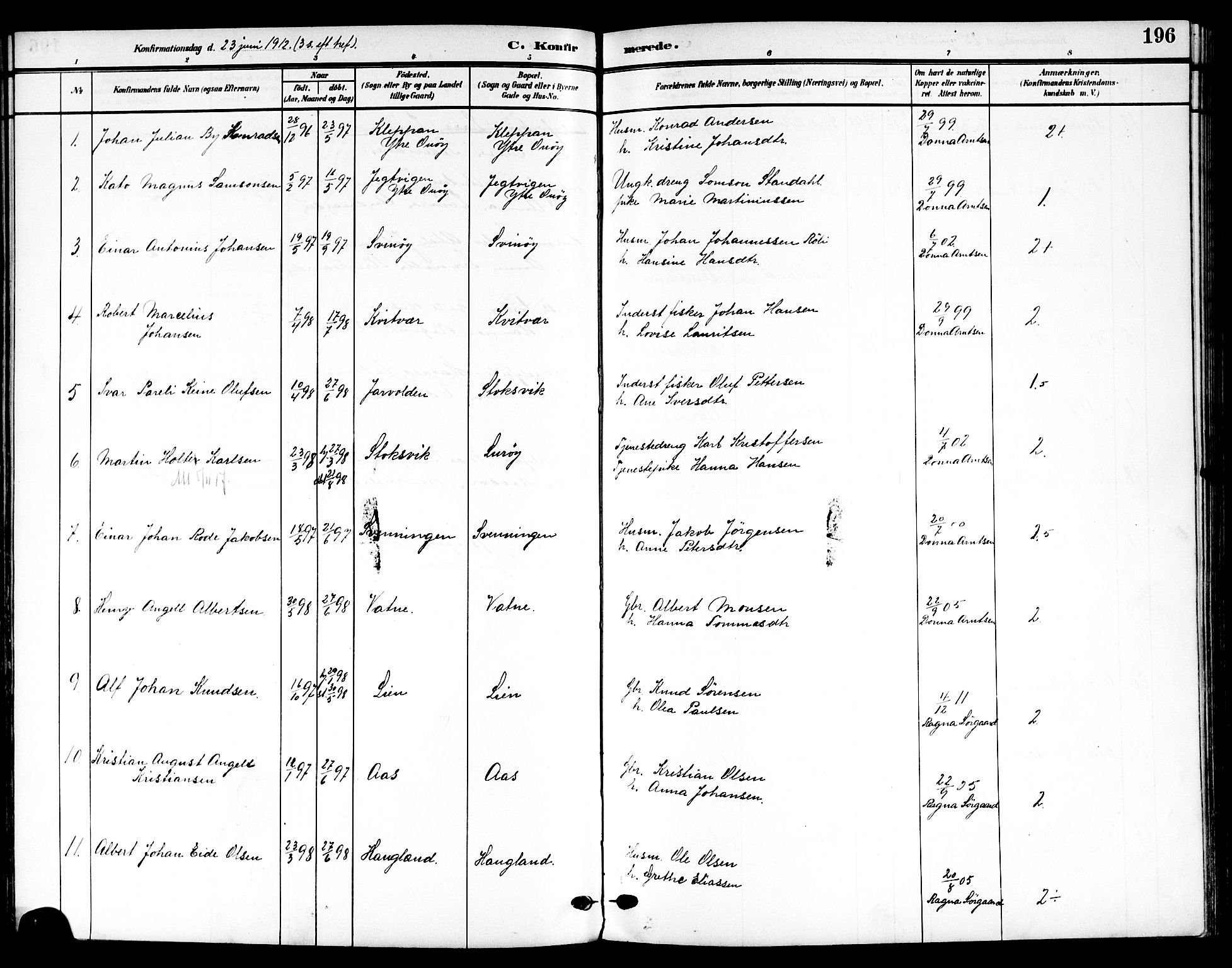 Ministerialprotokoller, klokkerbøker og fødselsregistre - Nordland, AV/SAT-A-1459/839/L0569: Parish register (official) no. 839A06, 1903-1922, p. 196