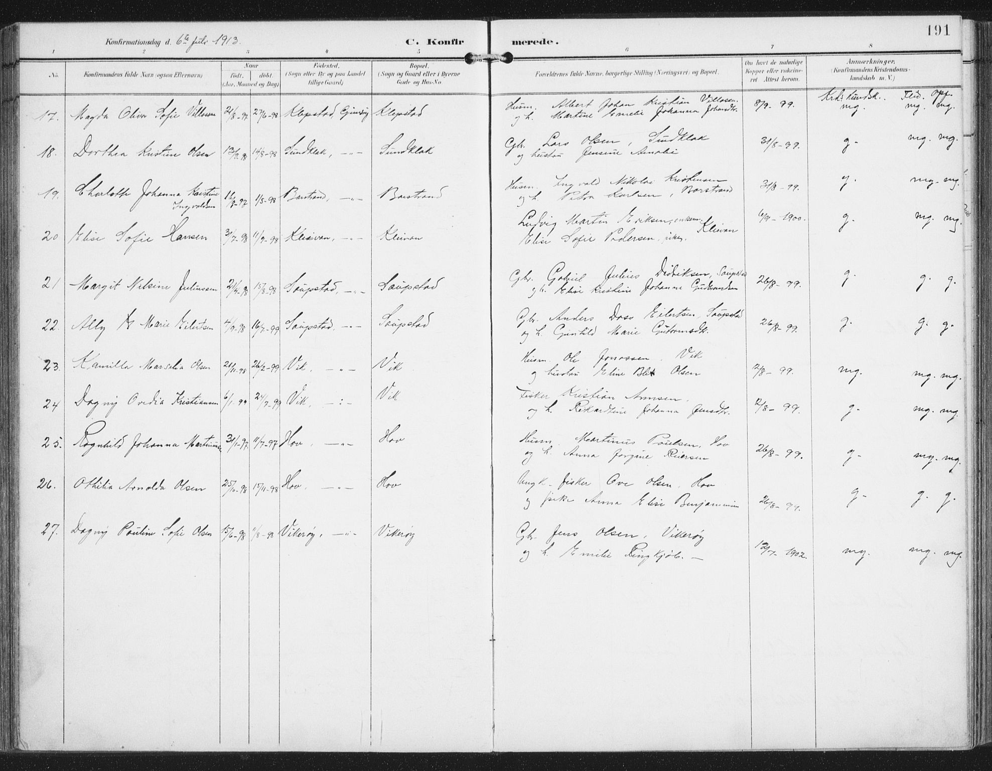 Ministerialprotokoller, klokkerbøker og fødselsregistre - Nordland, AV/SAT-A-1459/876/L1098: Parish register (official) no. 876A04, 1896-1915, p. 191