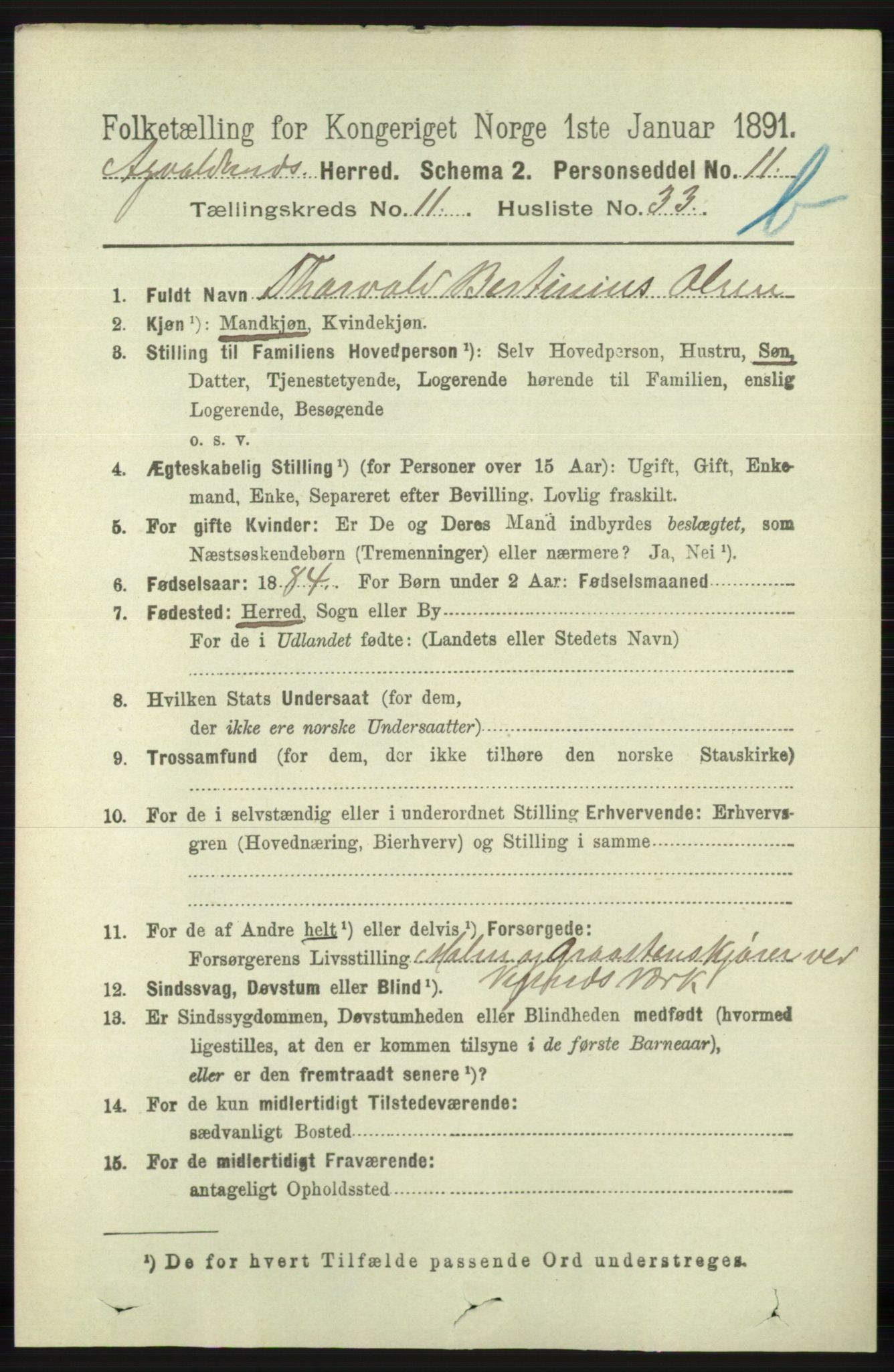 RA, 1891 census for 1147 Avaldsnes, 1891, p. 6637