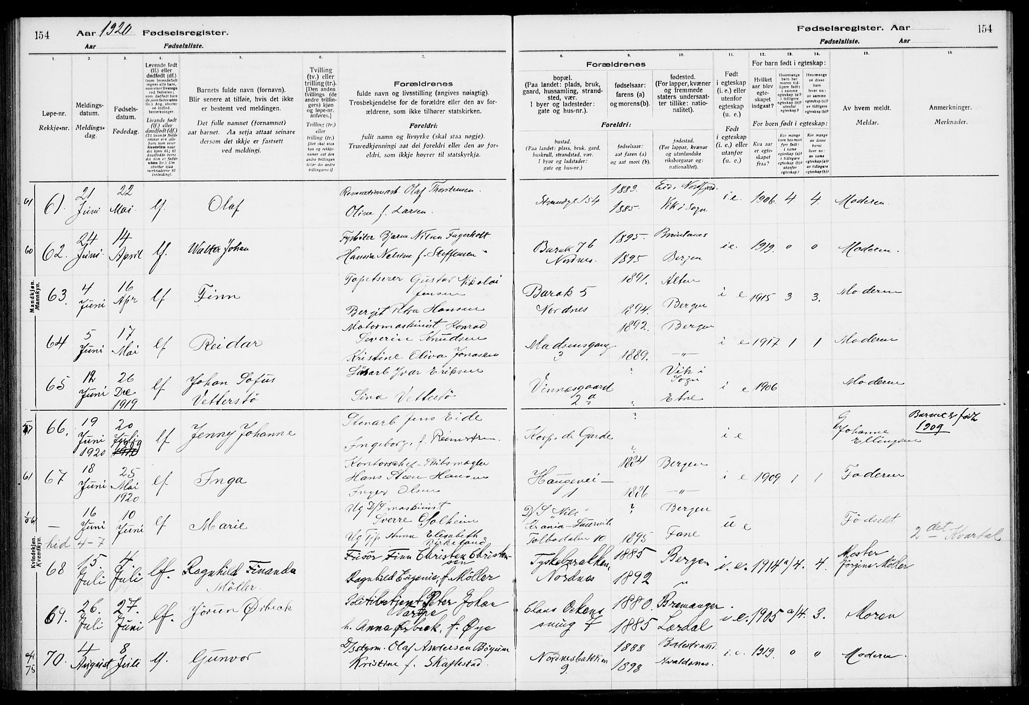 Nykirken Sokneprestembete, SAB/A-77101/I/Id/L00A1: Birth register no. A 1, 1916-1922, p. 154