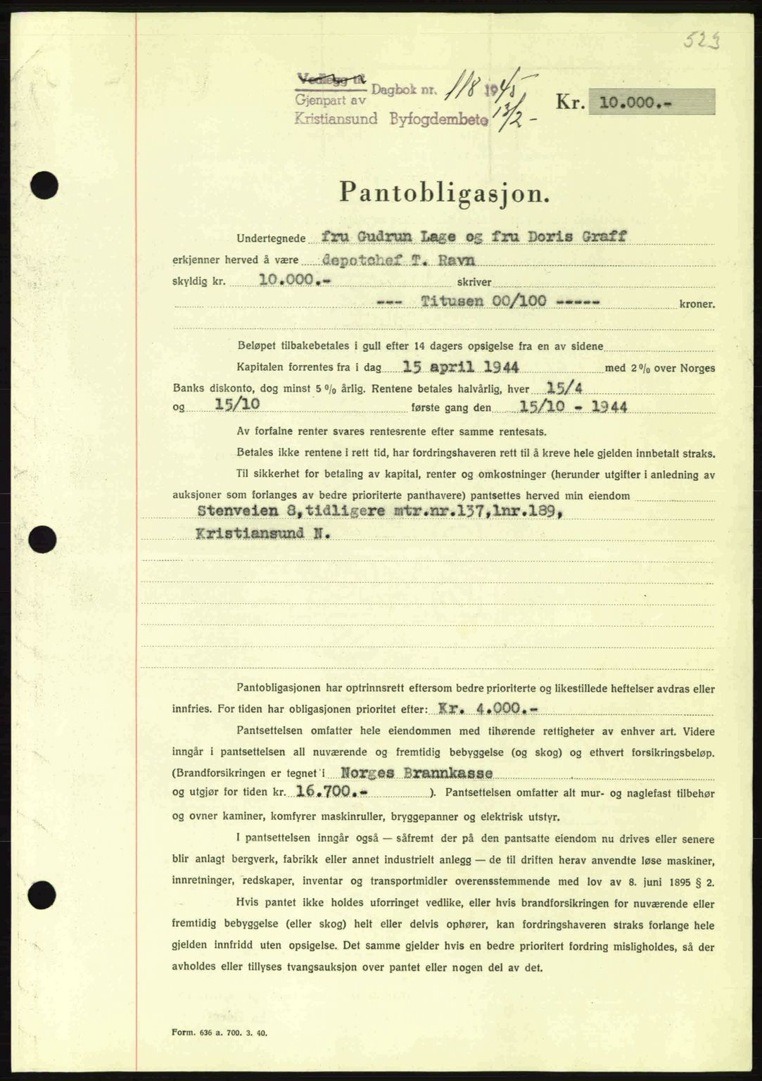 Kristiansund byfogd, SAT/A-4587/A/27: Mortgage book no. 37-38, 1943-1945, Diary no: : 118/1945