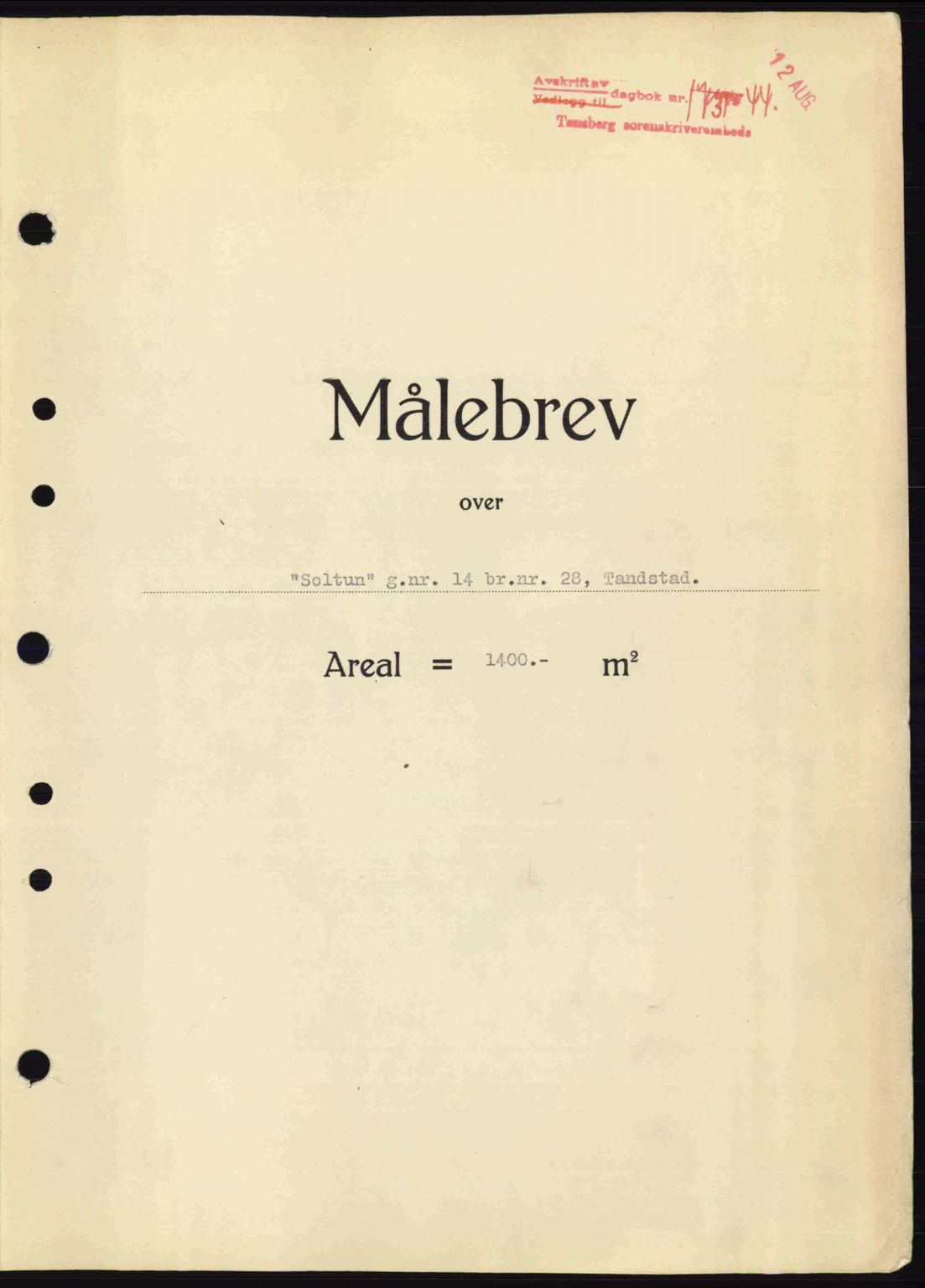 Tønsberg sorenskriveri, AV/SAKO-A-130/G/Ga/Gaa/L0015: Mortgage book no. A15, 1944-1944, Diary no: : 1731/1944