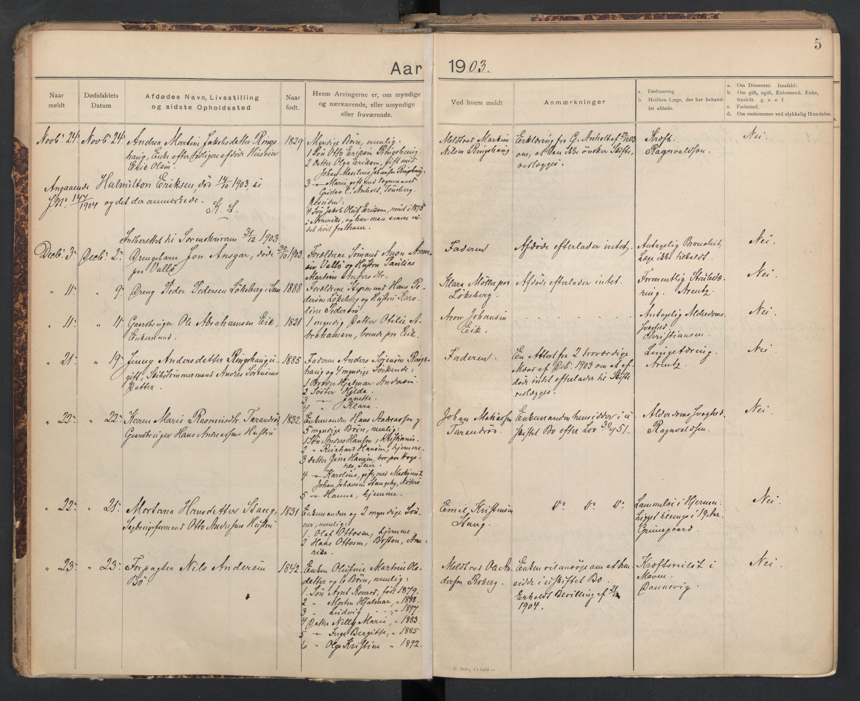 Sem lensmannskontor, SAKO/A-547/H/Ha/L0005: Dødsfallsprotokoll, 1903-1916, p. 5