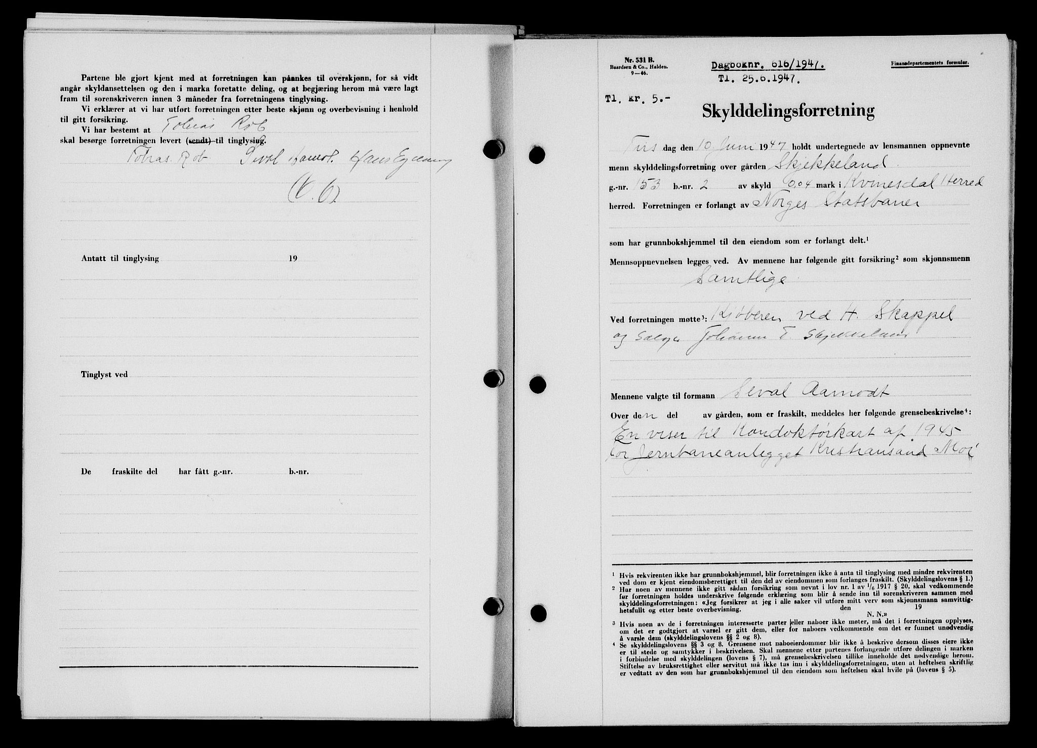 Flekkefjord sorenskriveri, SAK/1221-0001/G/Gb/Gba/L0062: Mortgage book no. A-10, 1947-1947, Diary no: : 616/1947