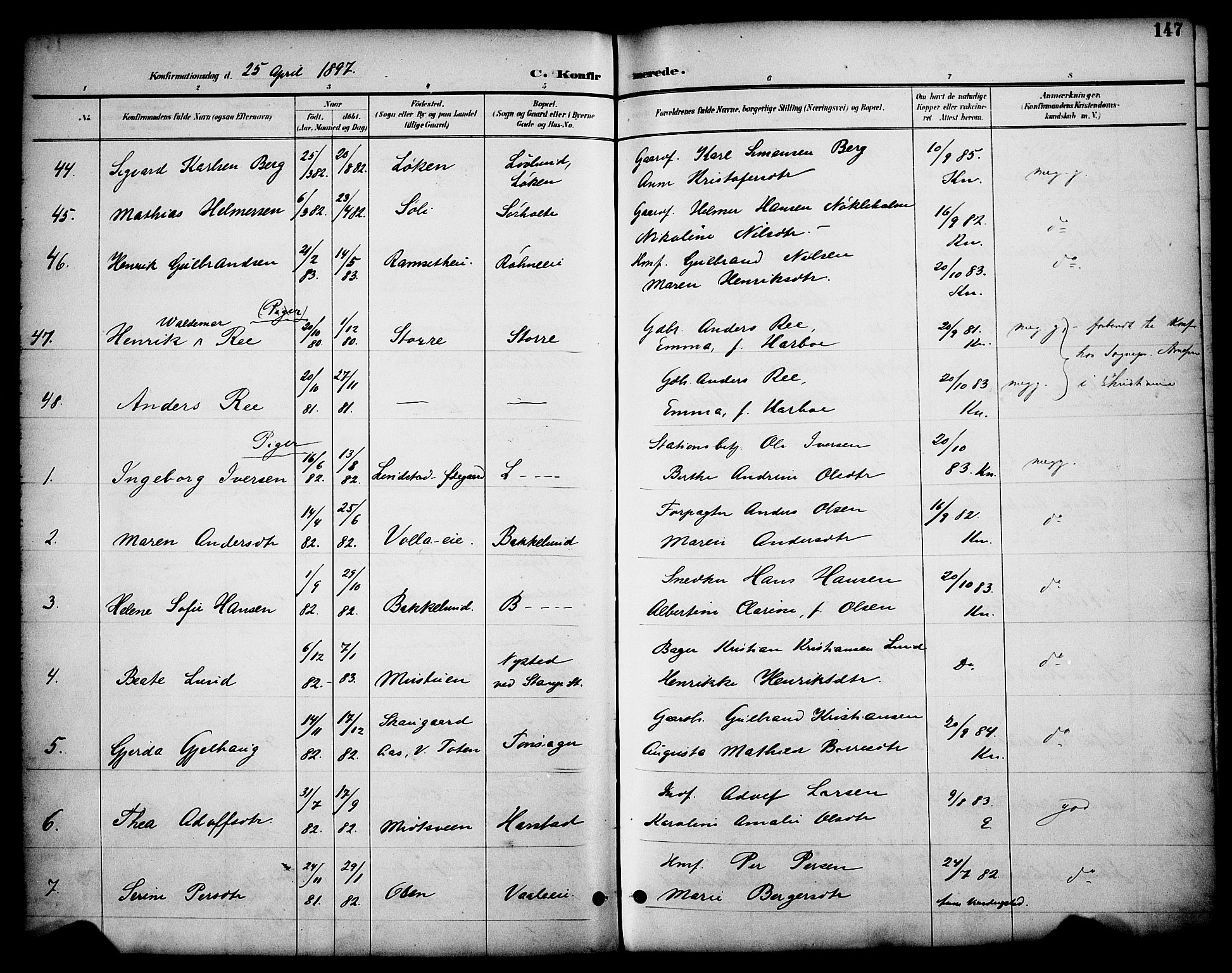 Stange prestekontor, AV/SAH-PREST-002/K/L0020: Parish register (official) no. 20, 1894-1905, p. 147